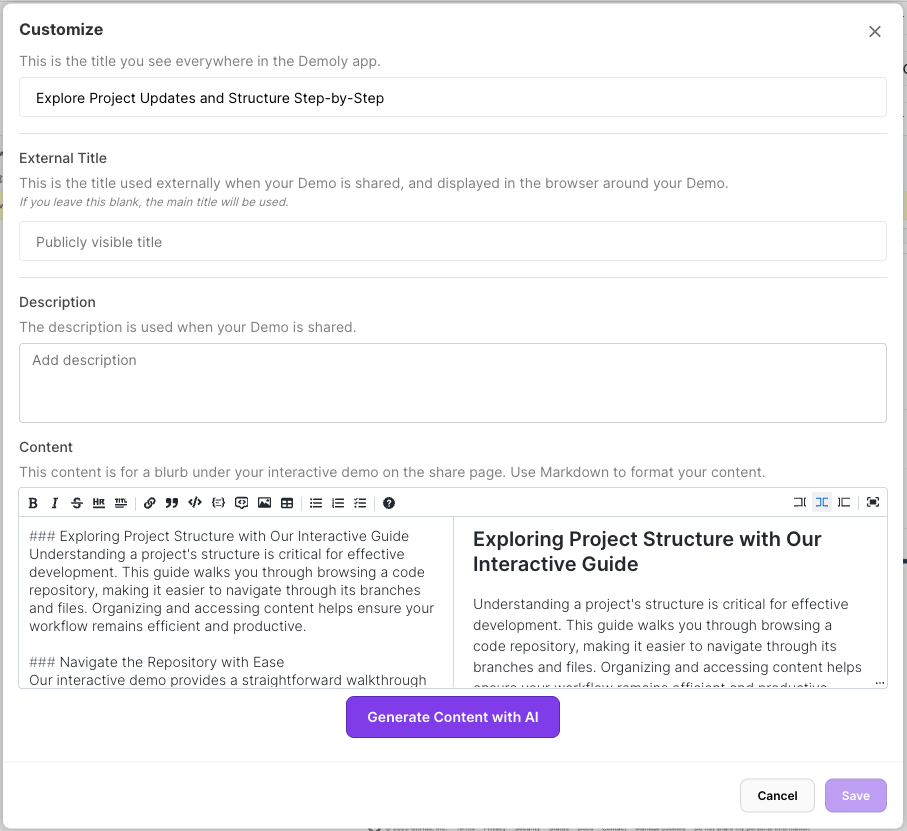 SEO content generation panel in the demo editor