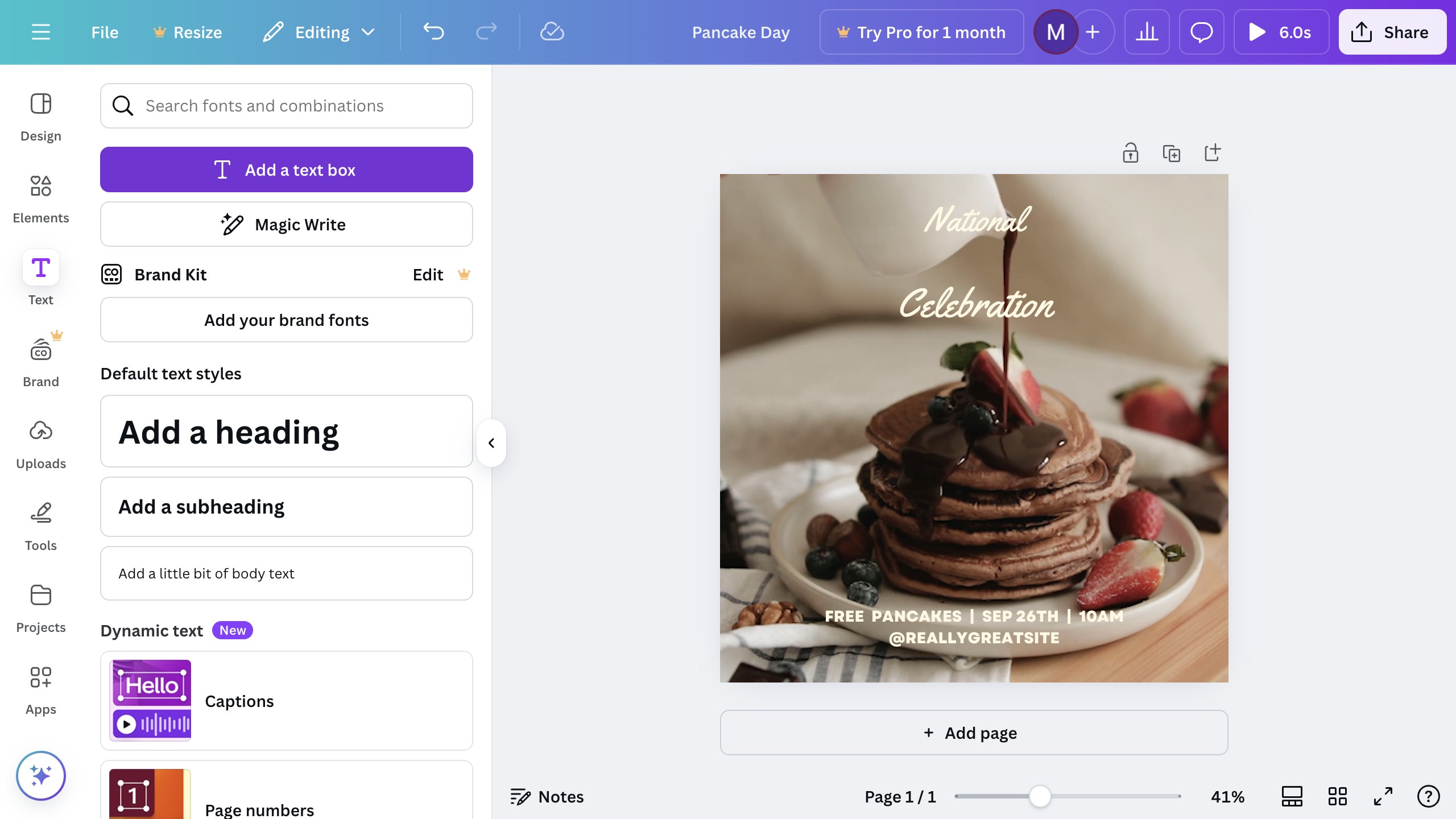 Canva canvas with a new heading text box added