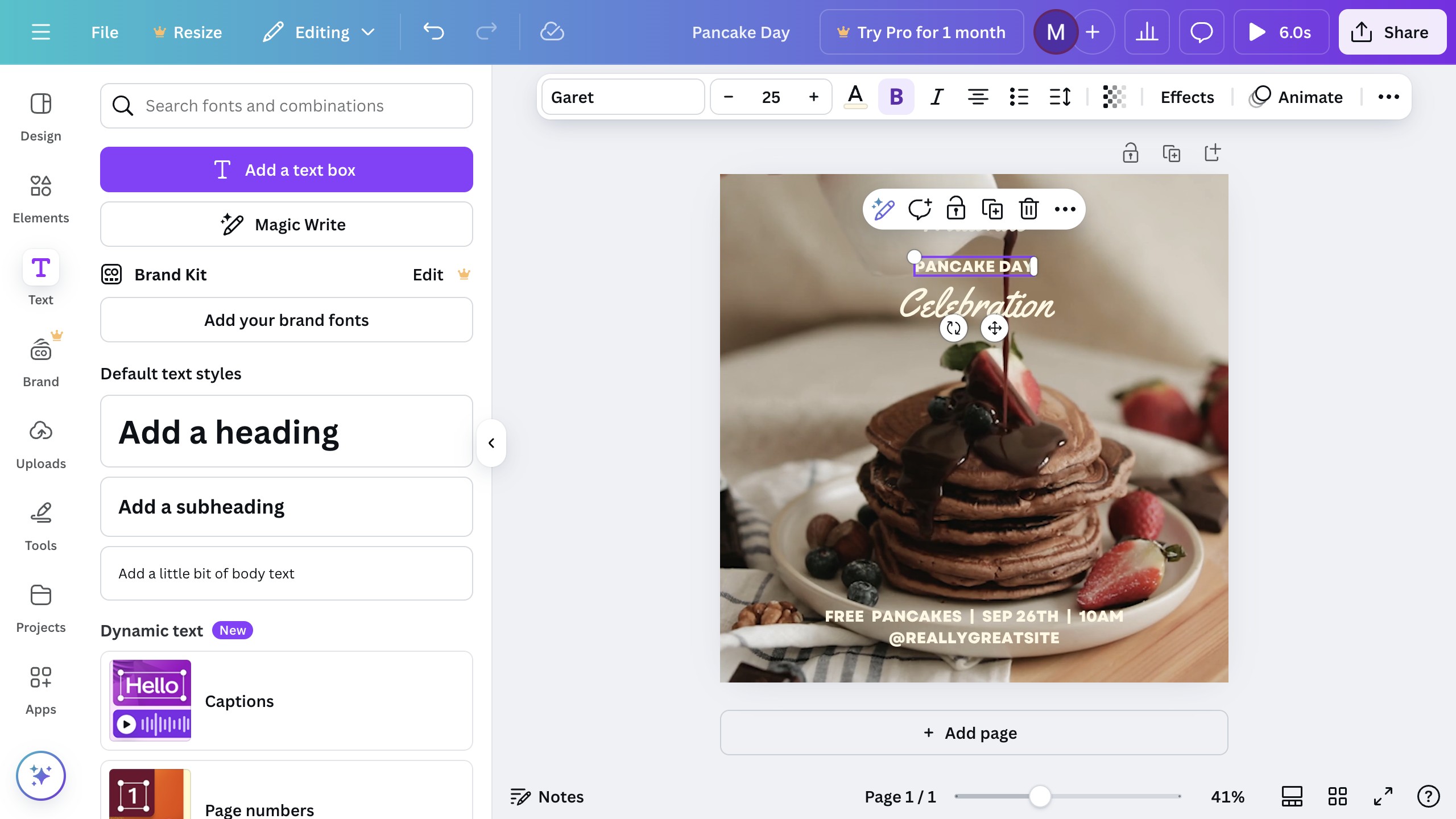 Canva color picker open for a selected text element