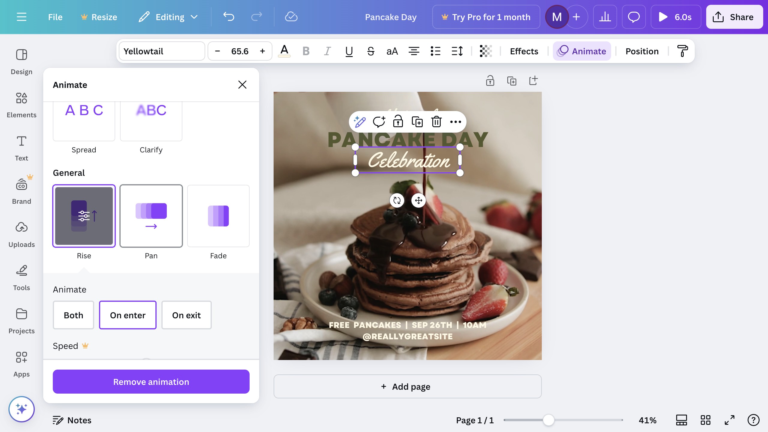 Canva toolbar with Animate button highlighted