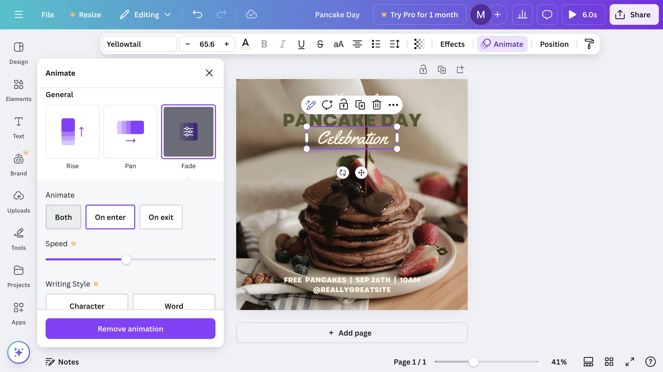 Canva animation panel with speed slider