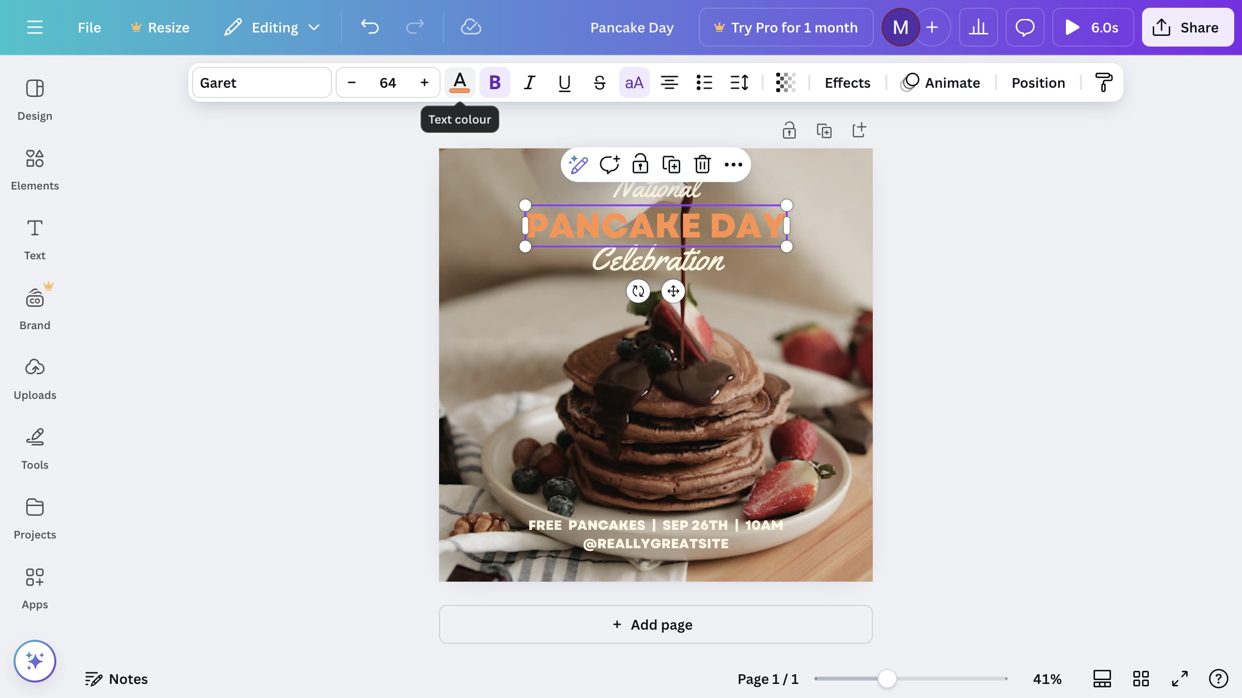 Canva toolbar showing the color swatch for a selected element