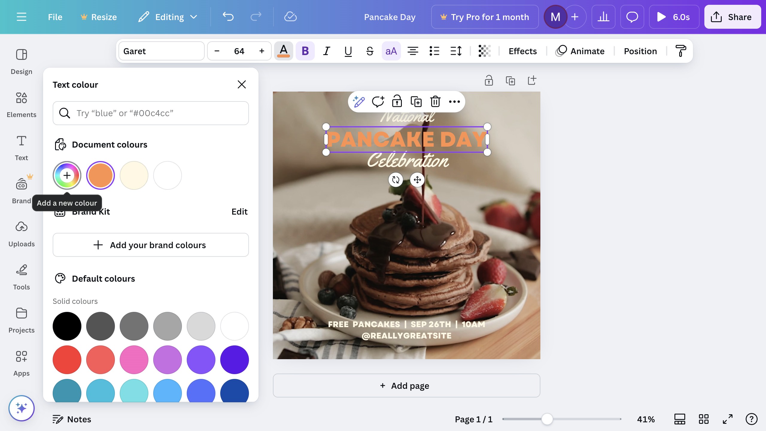 Canva color picker panel with gradient field and hex input