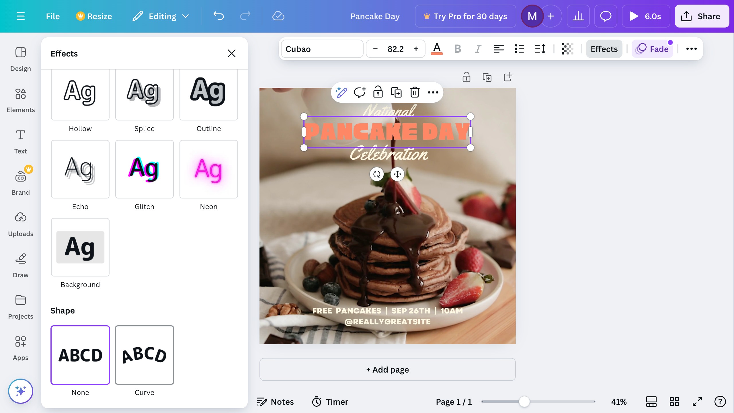 Canva Effects panel showing the Curve option selected