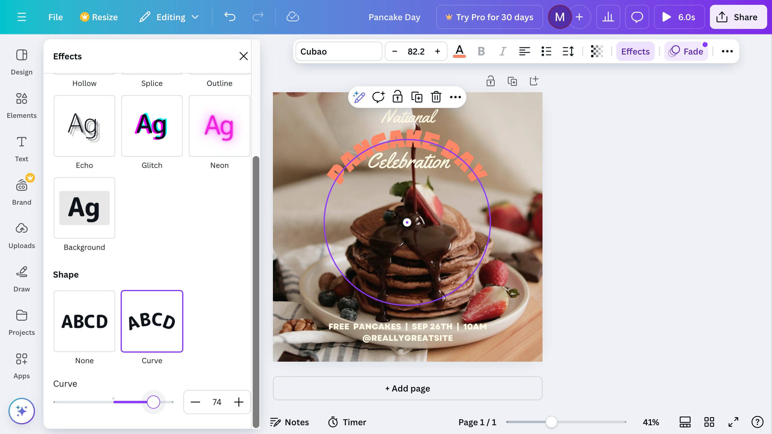 Canva curve slider being adjusted to arch the text