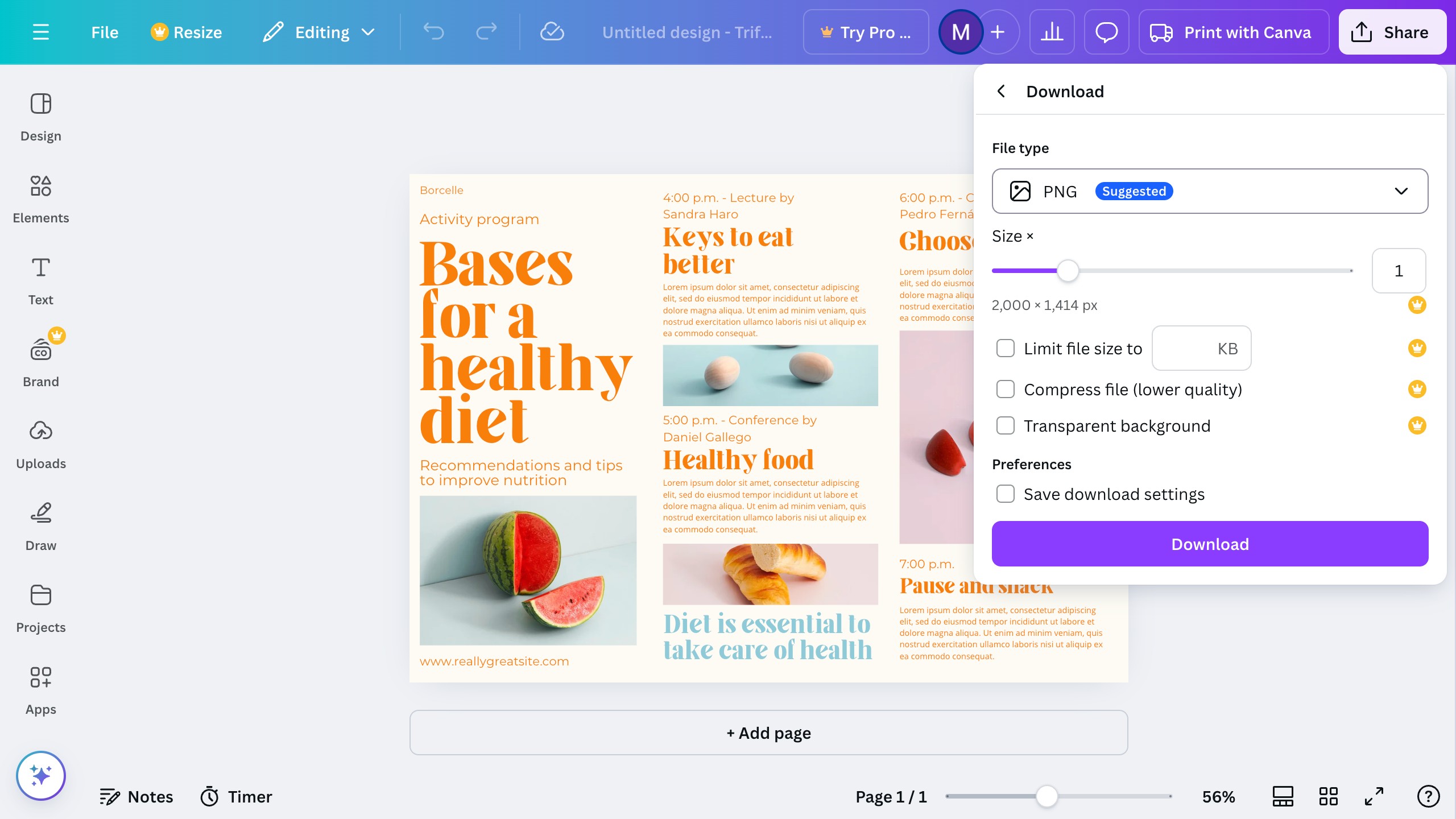 Canva Share menu showing Print and Download options