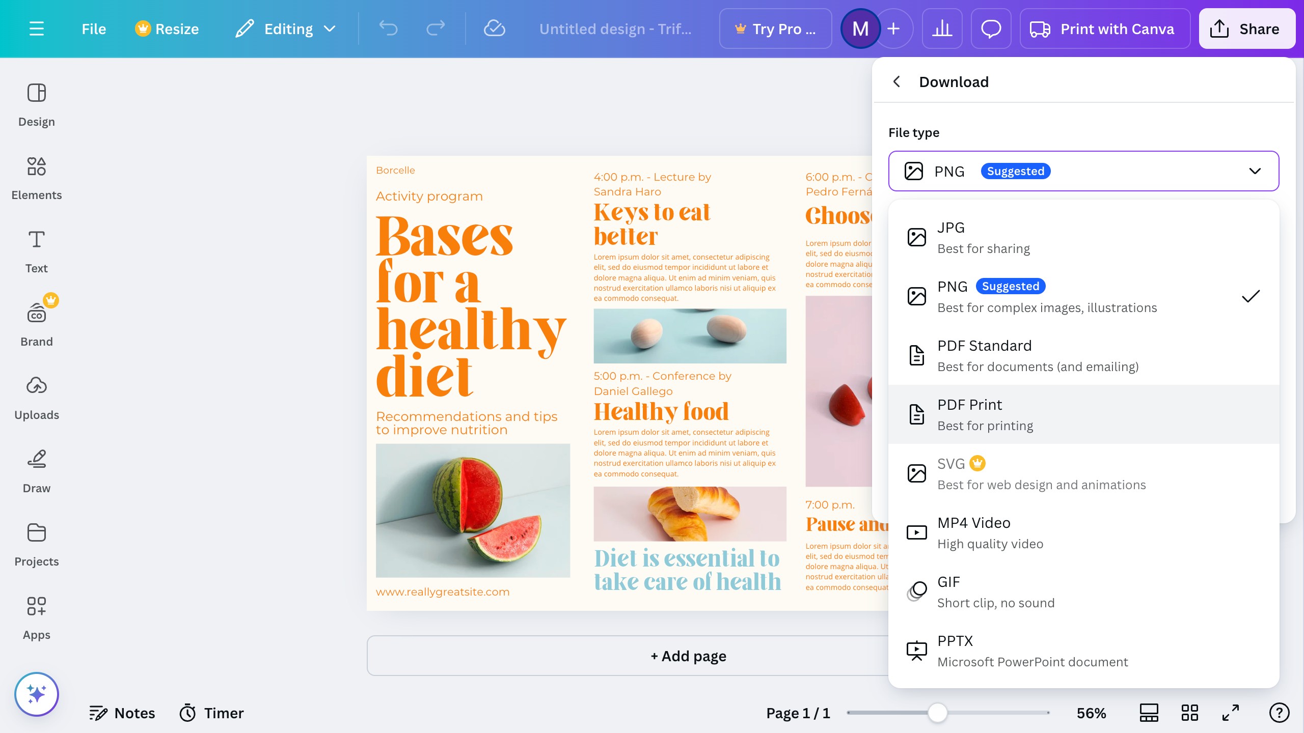 Canva print settings panel with paper size and finish options