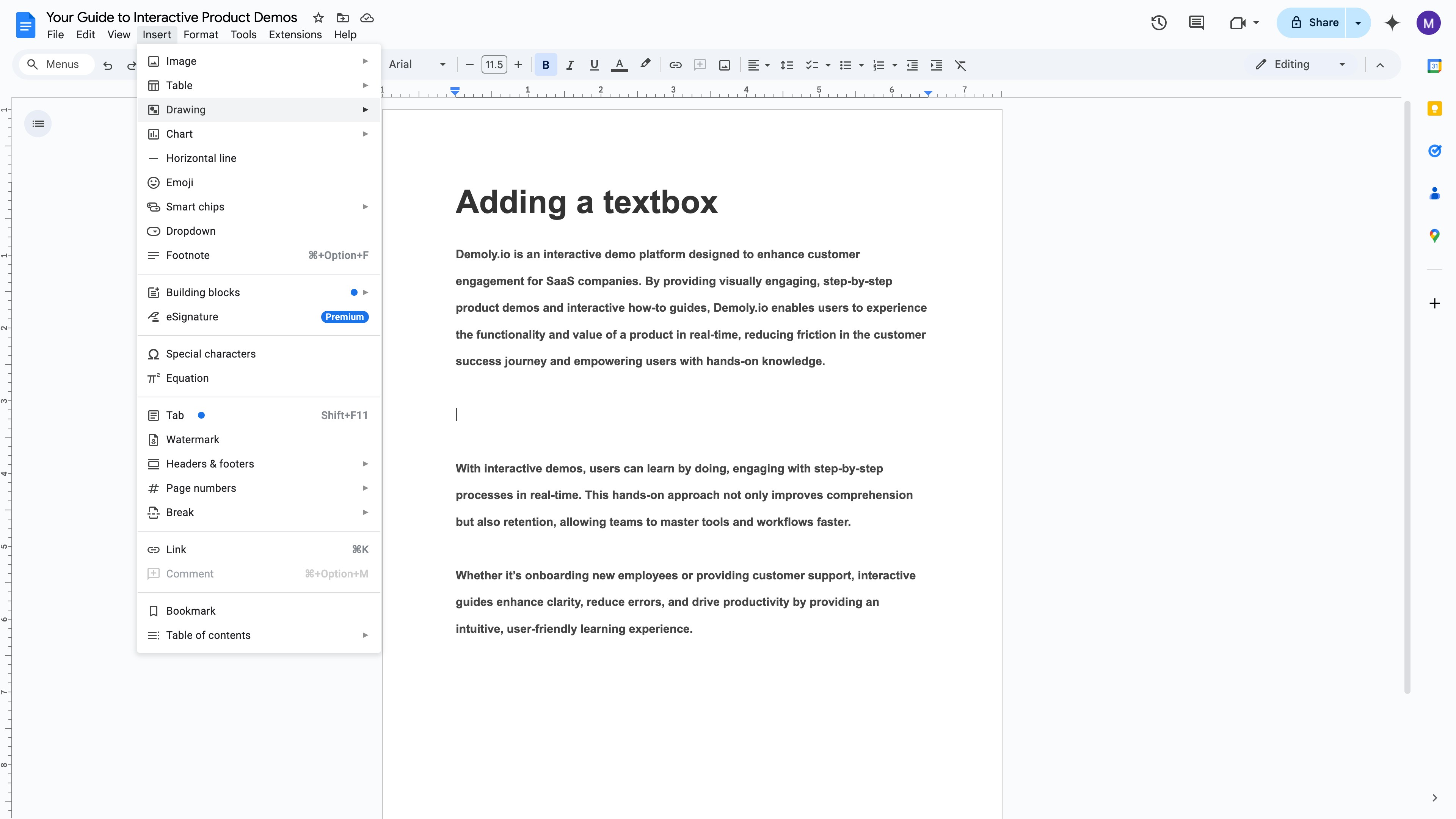 Google Docs Drawing editor toolbar with text box tool highlighted