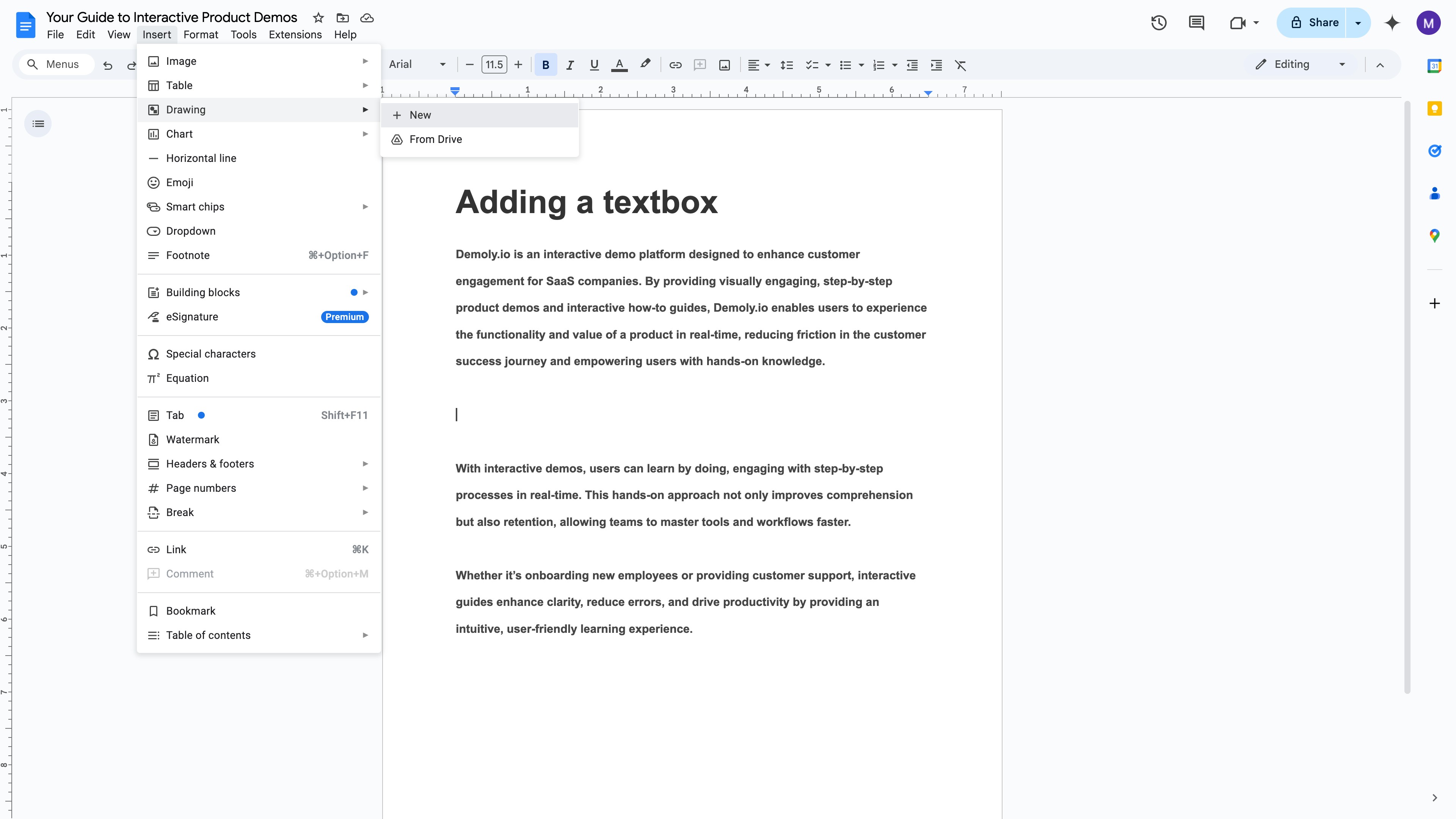 Google Docs Drawing editor with a text box drawn on the canvas