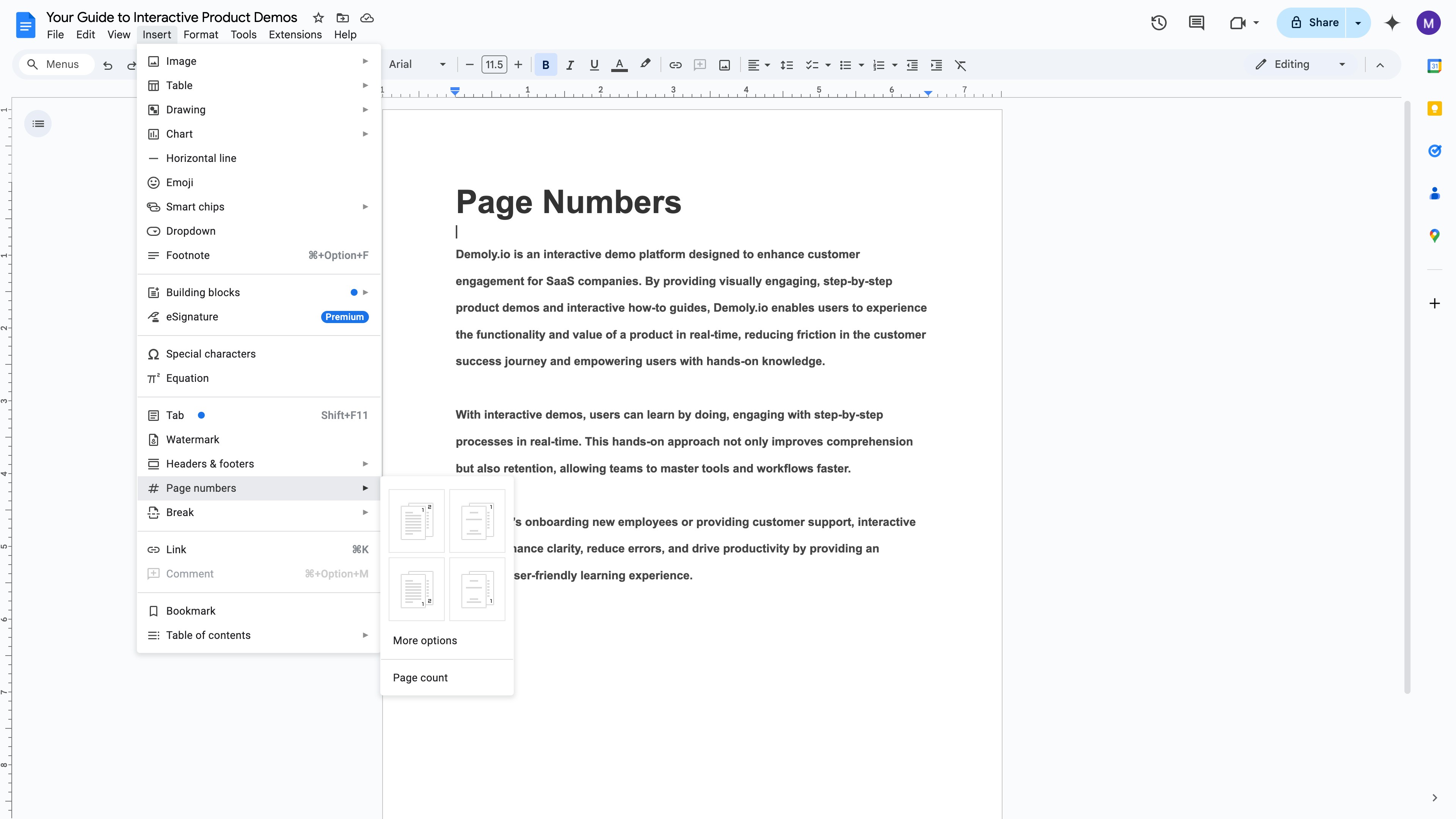 Google Docs page numbers placement icons