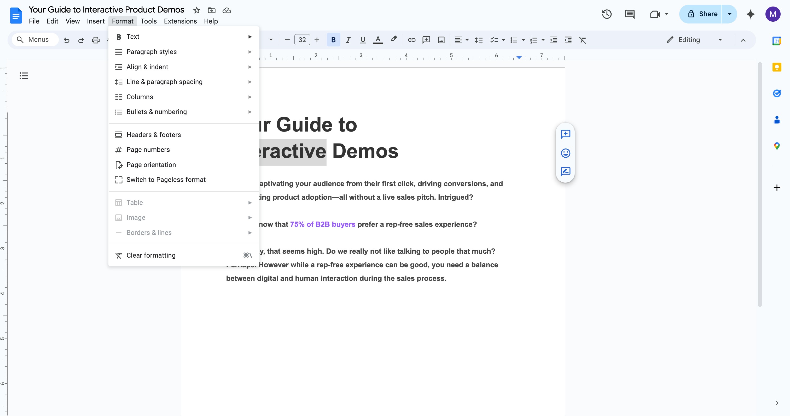 Google Docs Format > Text submenu with Strikethrough highlighted