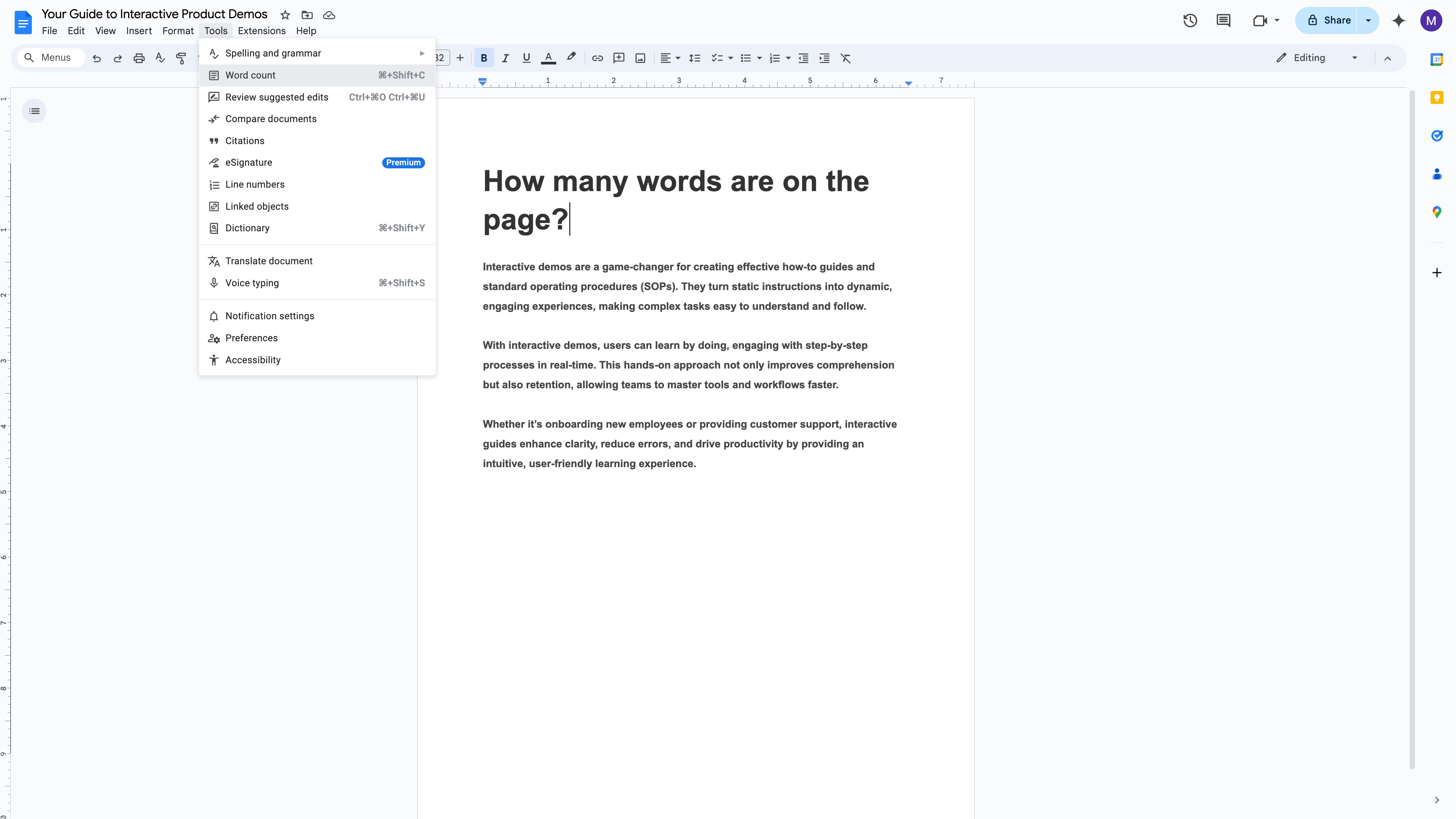 Google Docs Tools dropdown with Word count highlighted