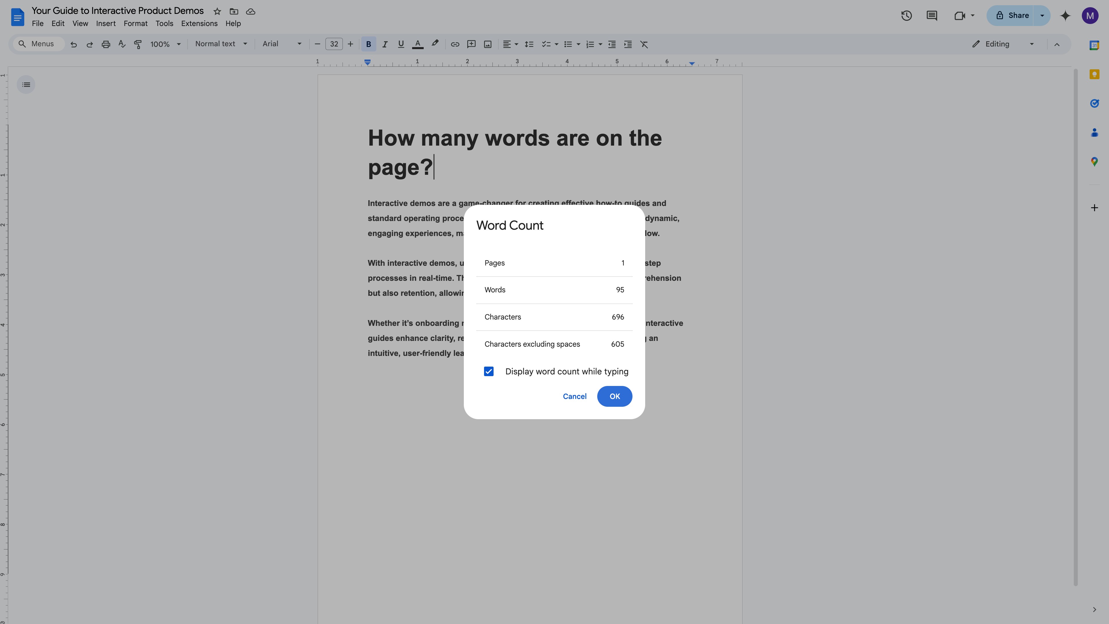 Google Docs word count dialog with 'Display word count while typing' checkbox