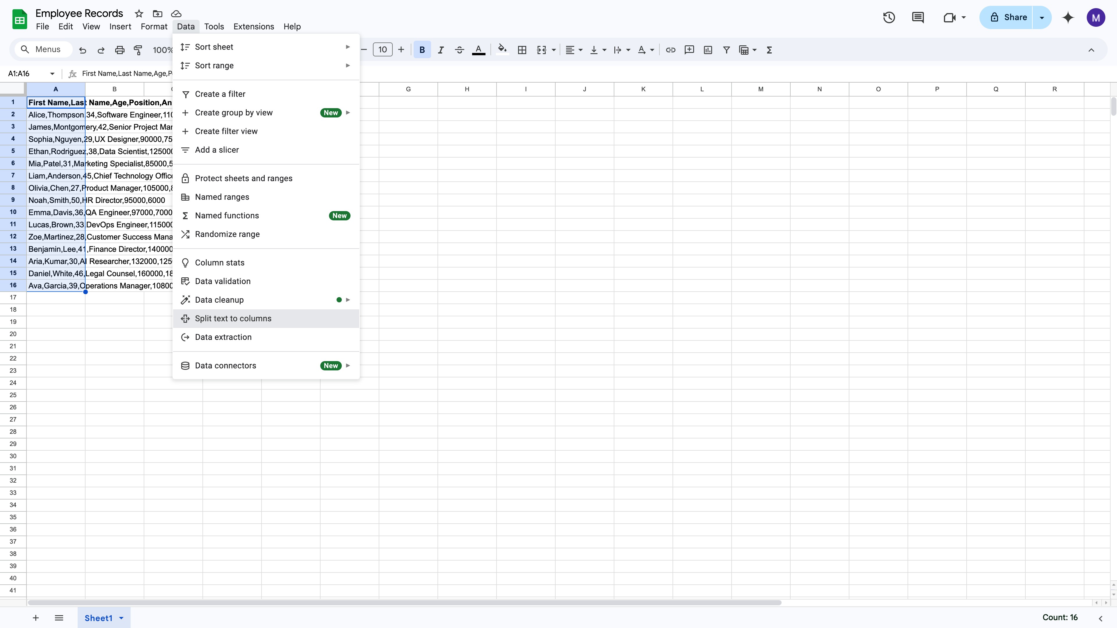 Google Sheets File Download submenu showing CSV option