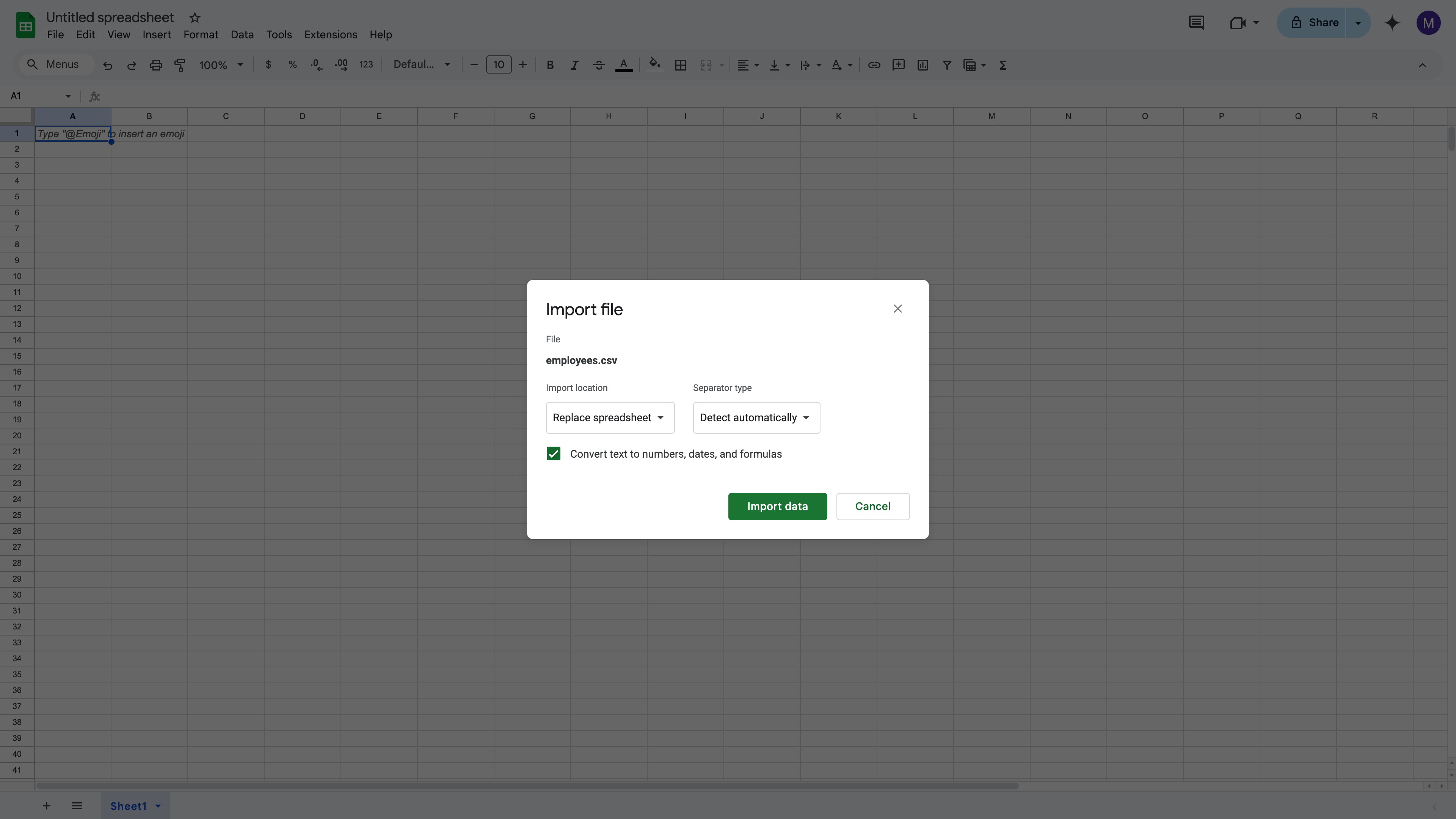 Google Sheets File Import dialog with placement options