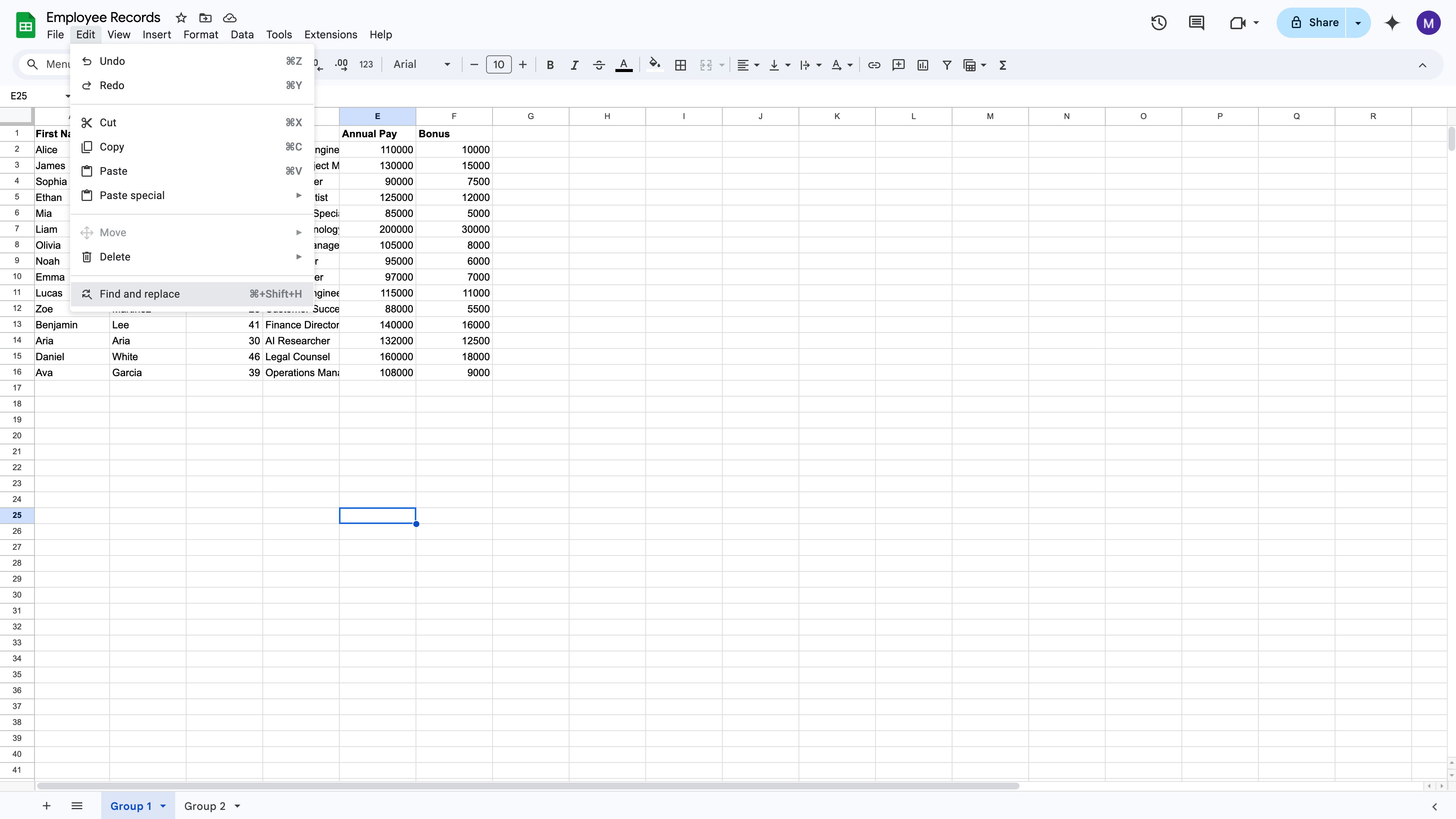Google Sheets search bar with a query typed and cells highlighted