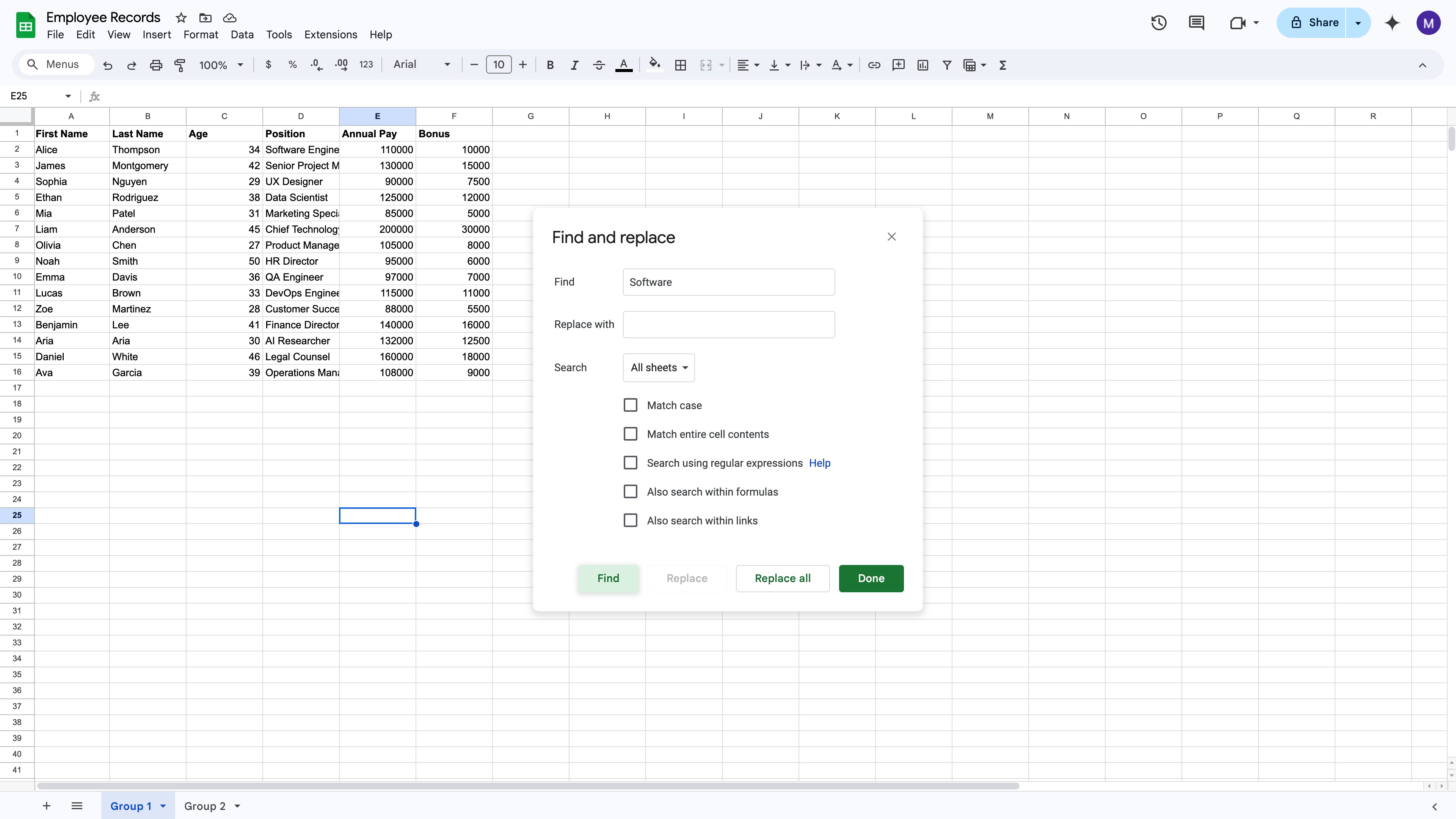 Google Sheets search navigation showing match count