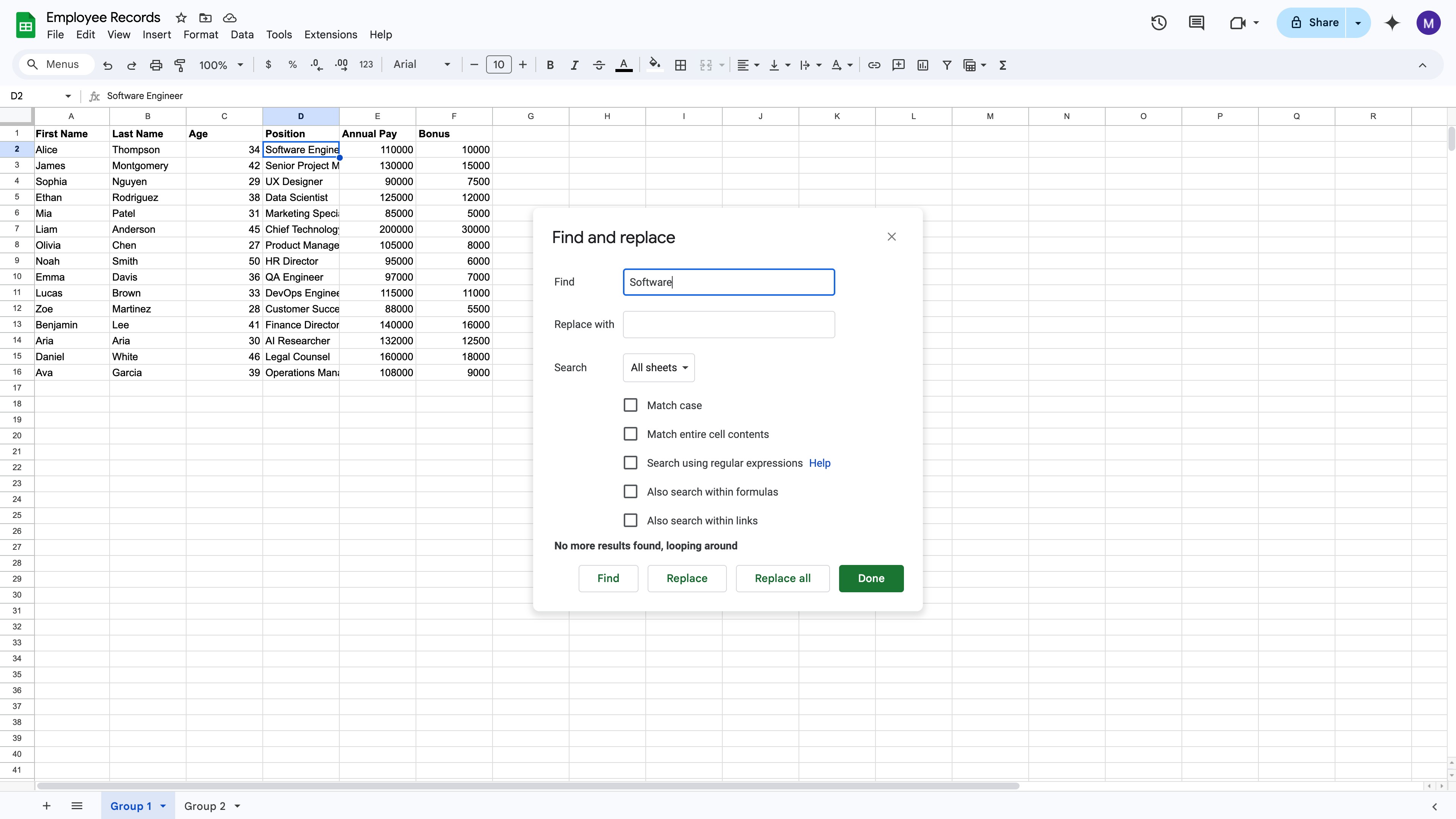 Google Sheets Find and Replace dialog with All sheets selected