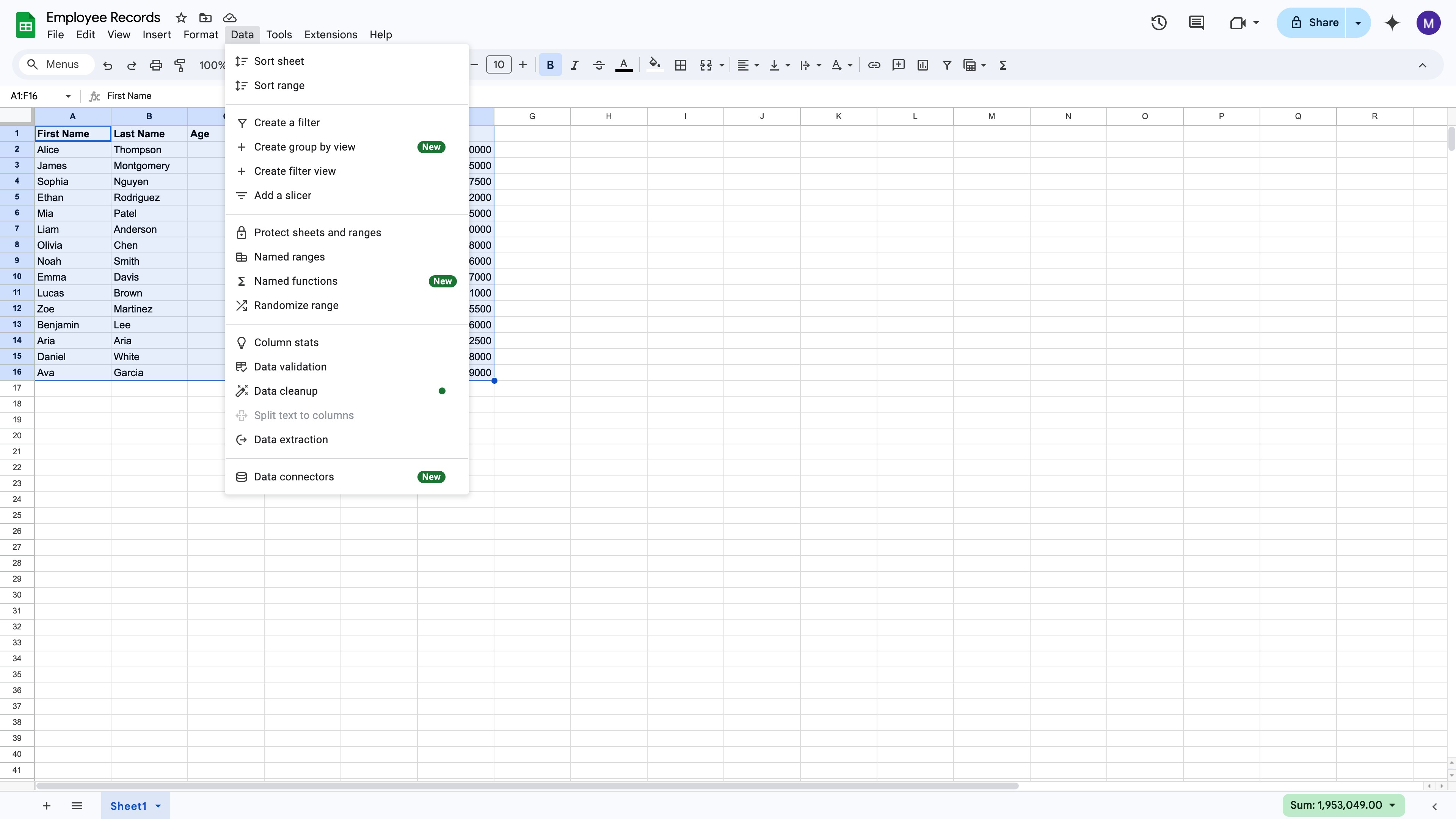 Google Sheets Data menu showing Sort range option