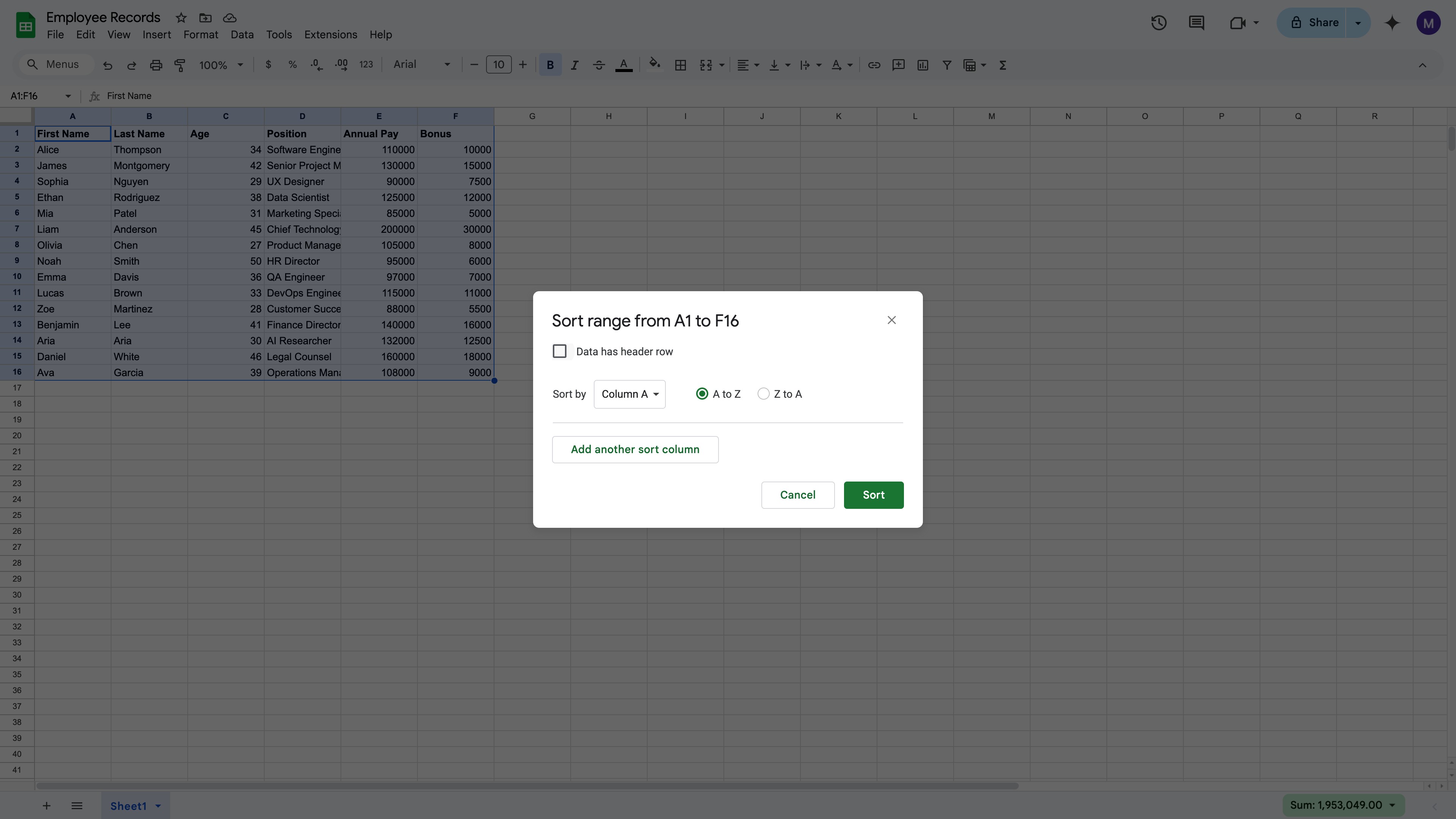 Google Sheets table sorted by the chosen column