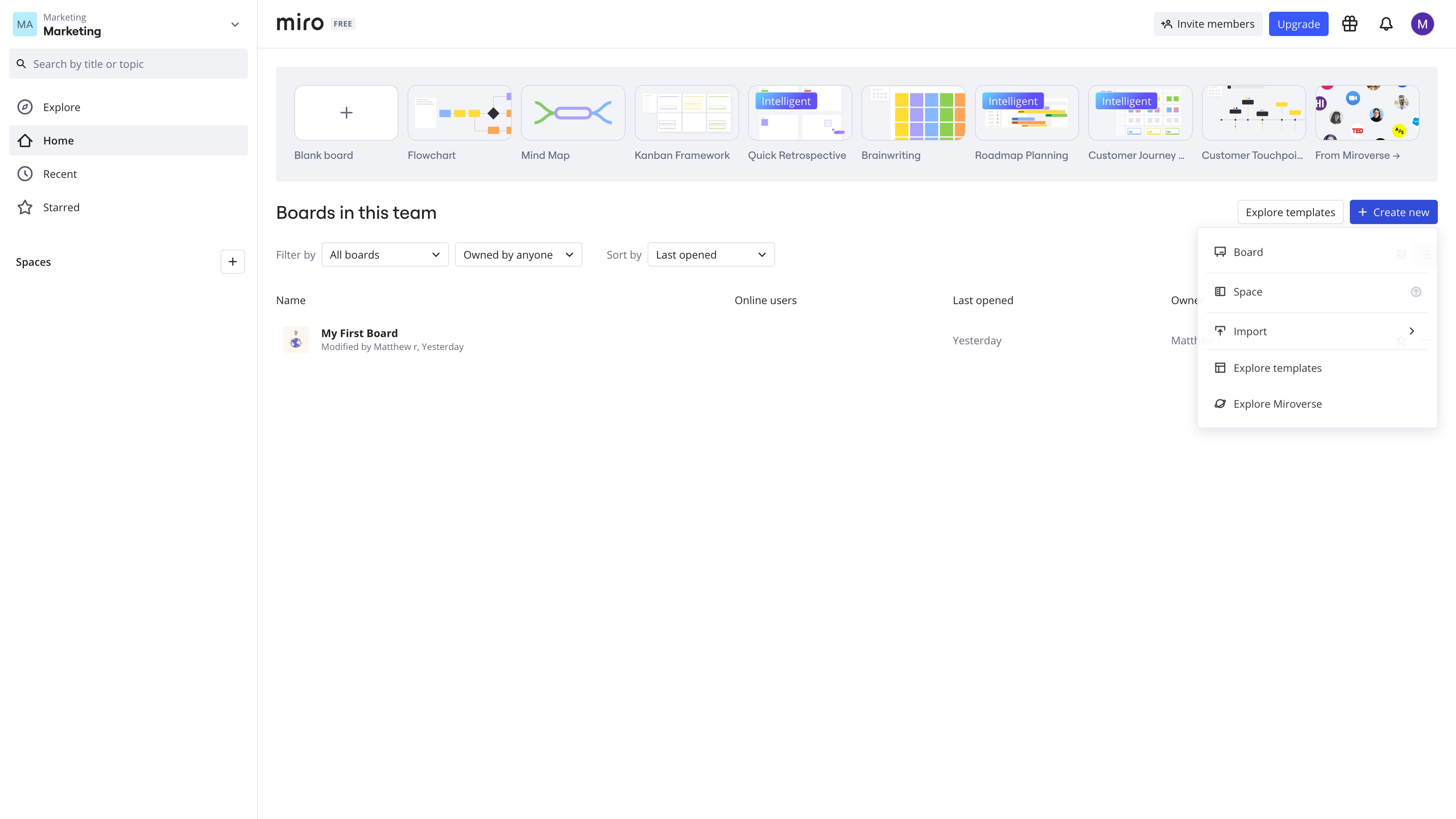 Miro dashboard with New board button highlighted
