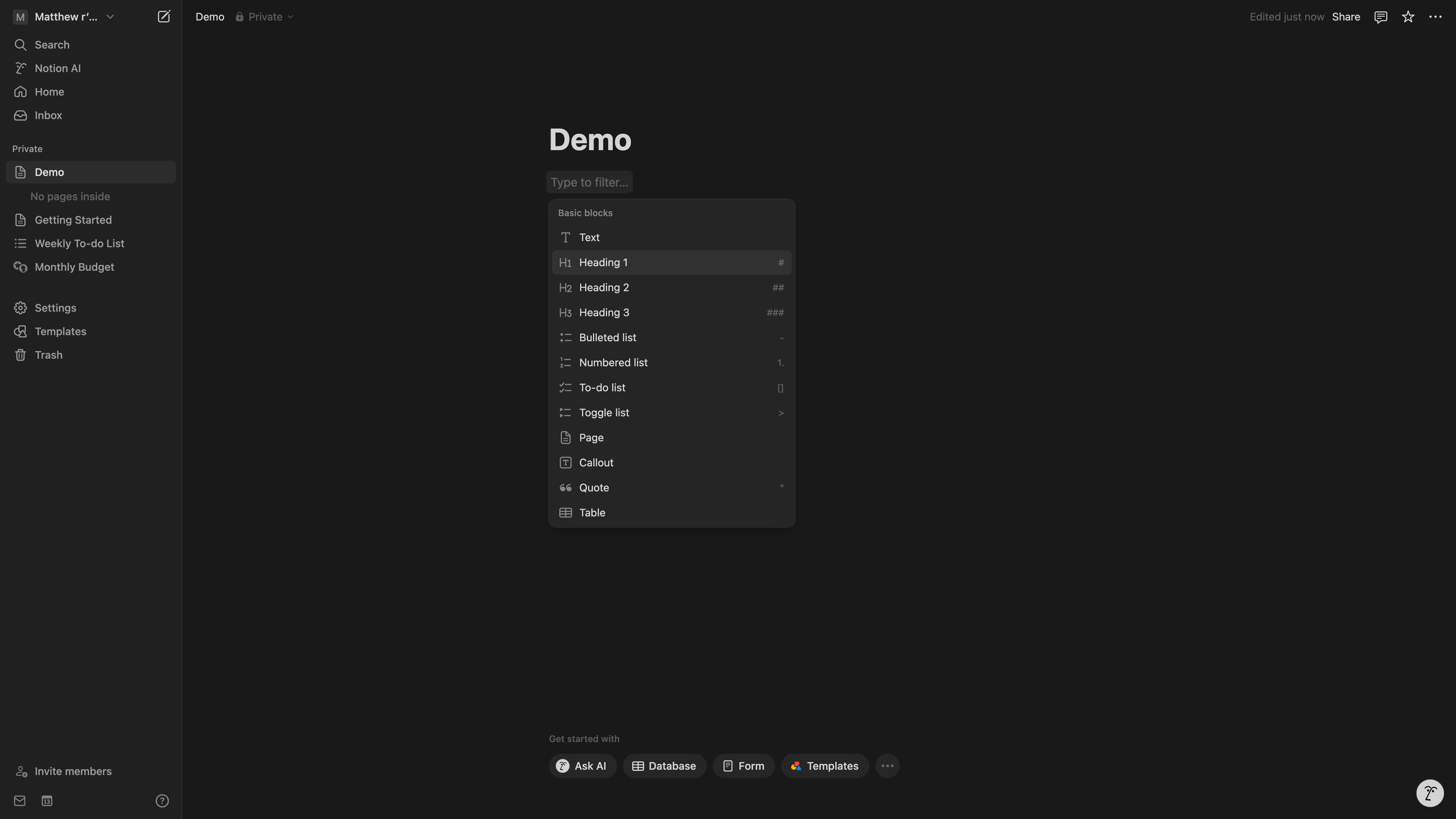 Notion slash command menu open