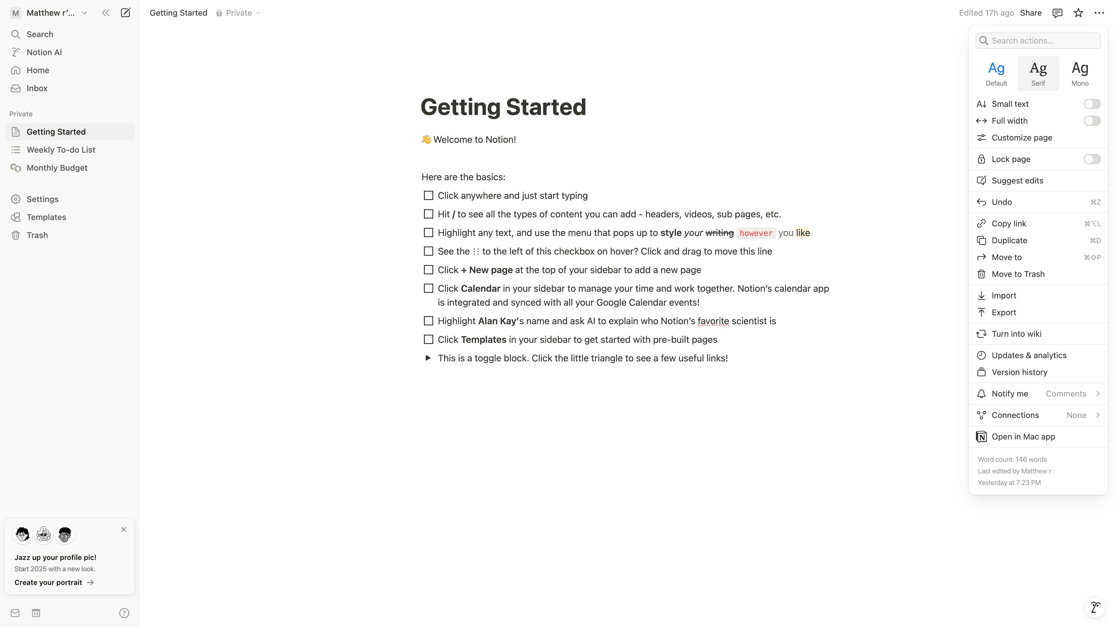 Notion page settings menu with Font section visible