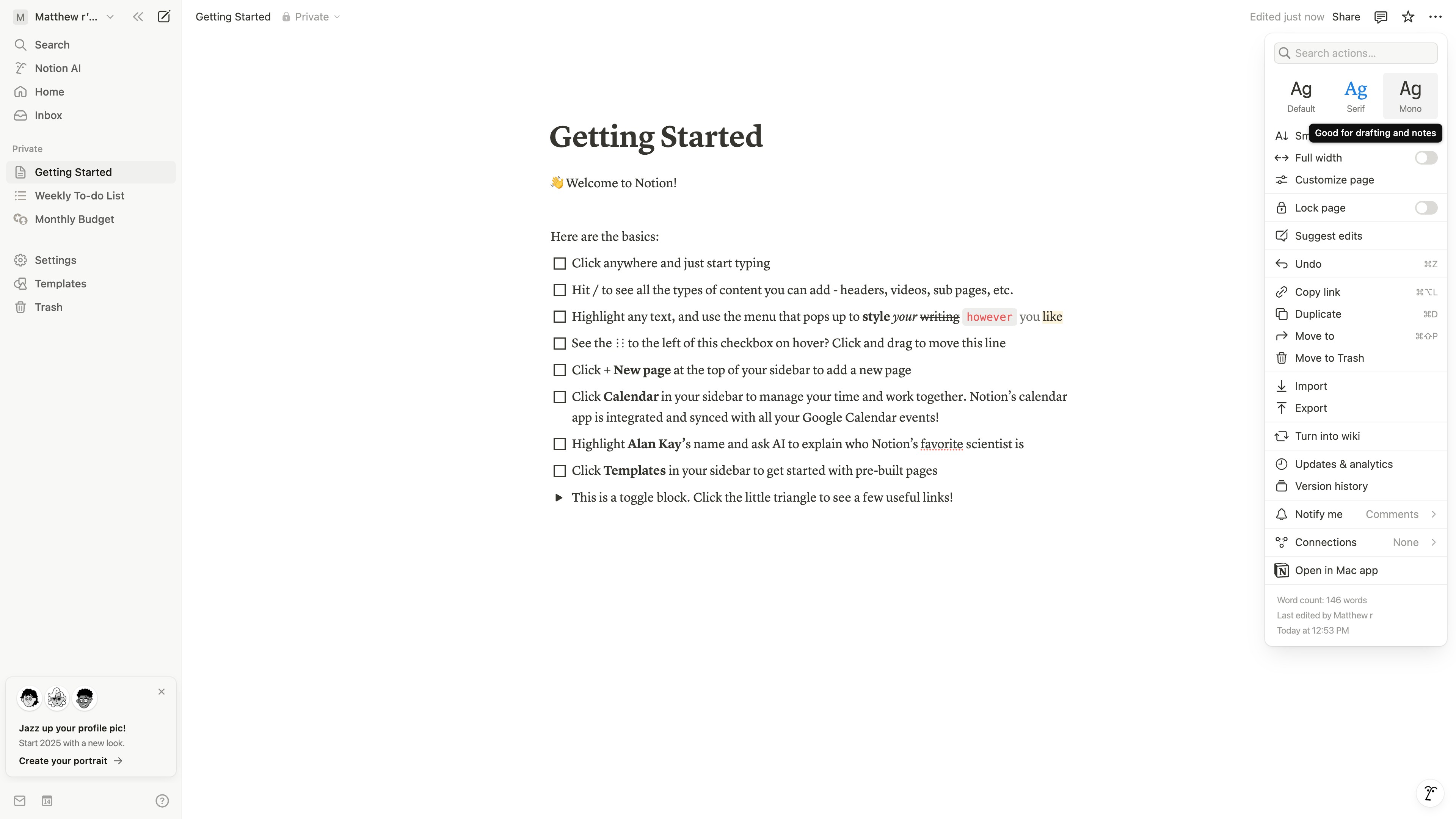 Notion page showing the Serif font applied to all content