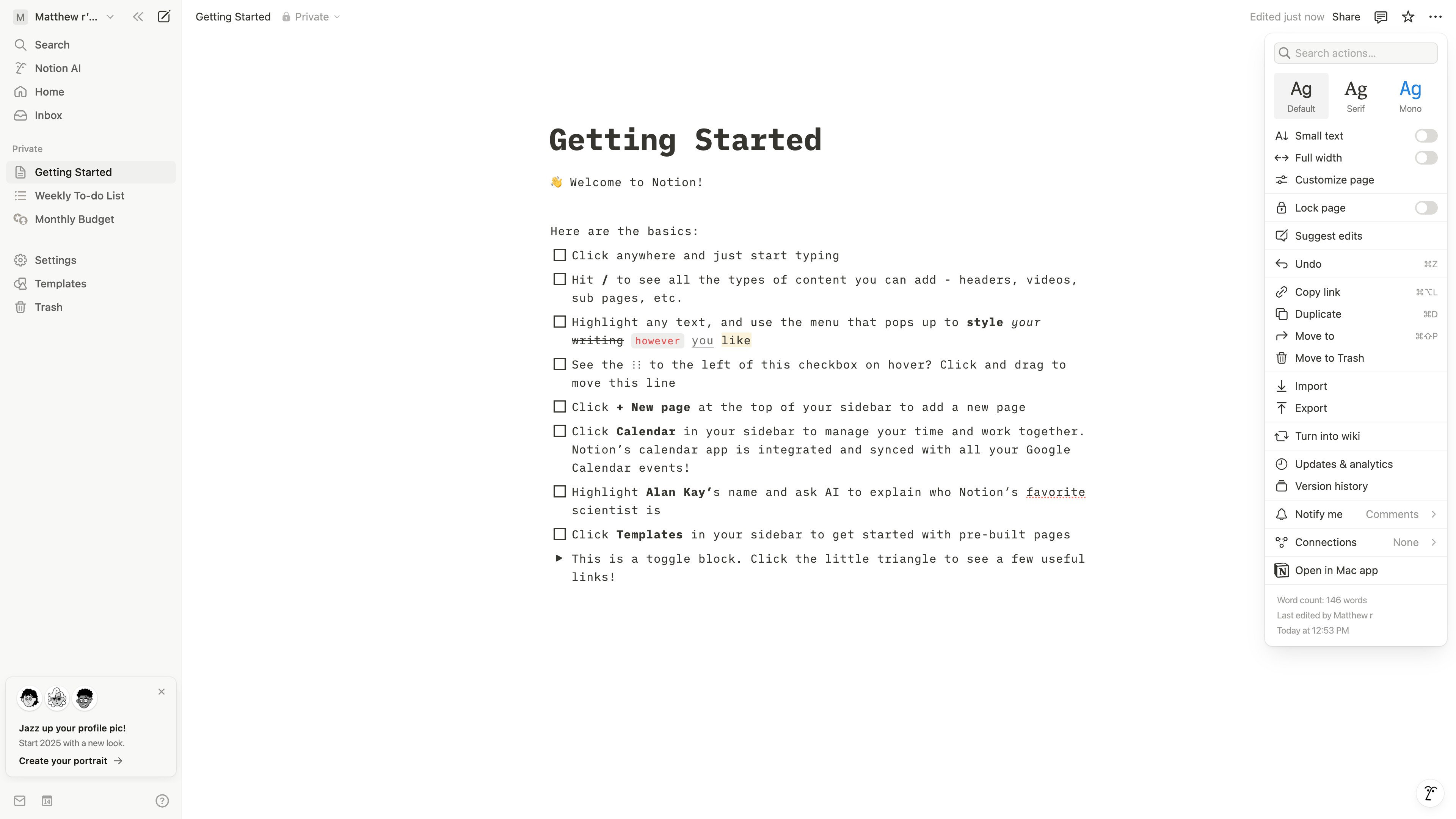 Notion page with Small text toggle enabled showing compact text