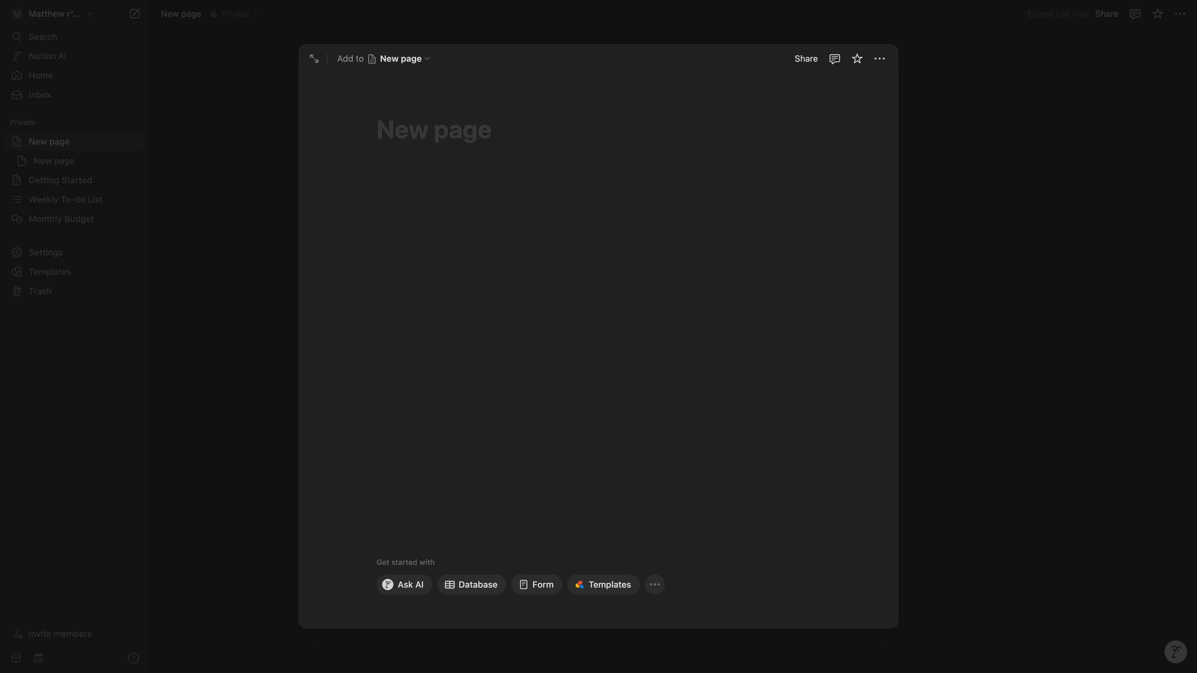 Notion page body with slash command menu open
