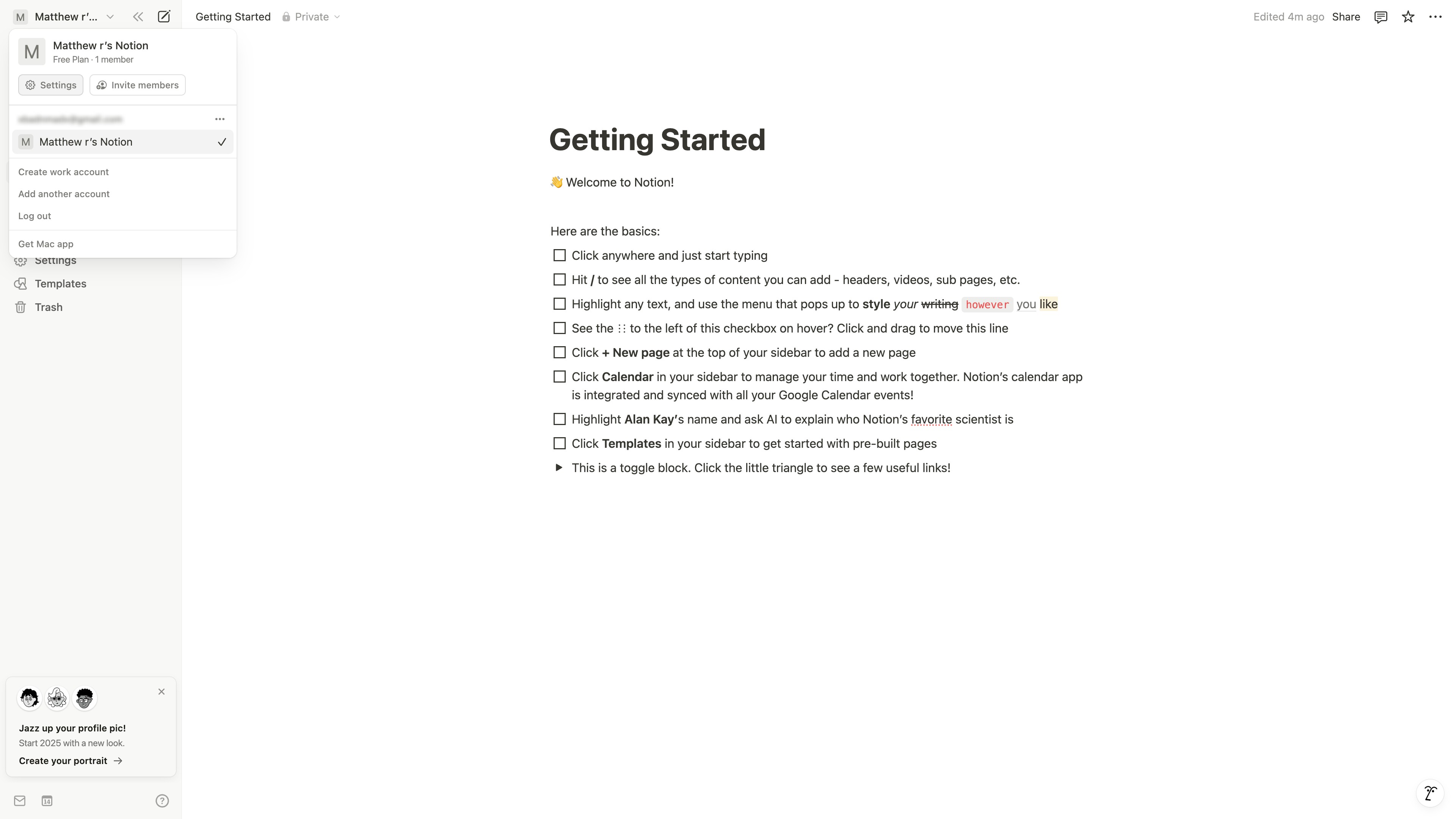 Notion Settings panel with My settings selected