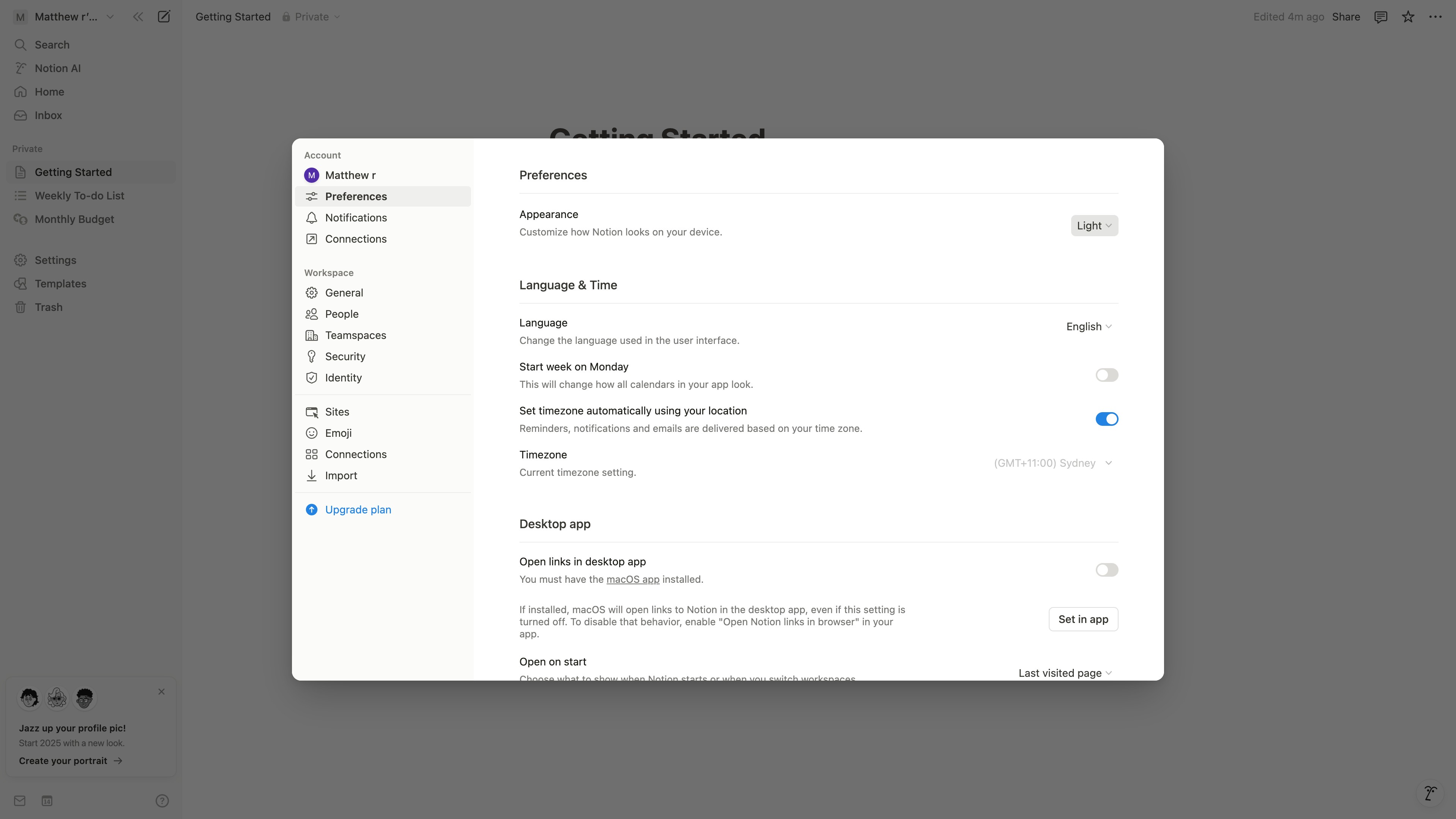 Notion My settings showing Dark selected under Appearance