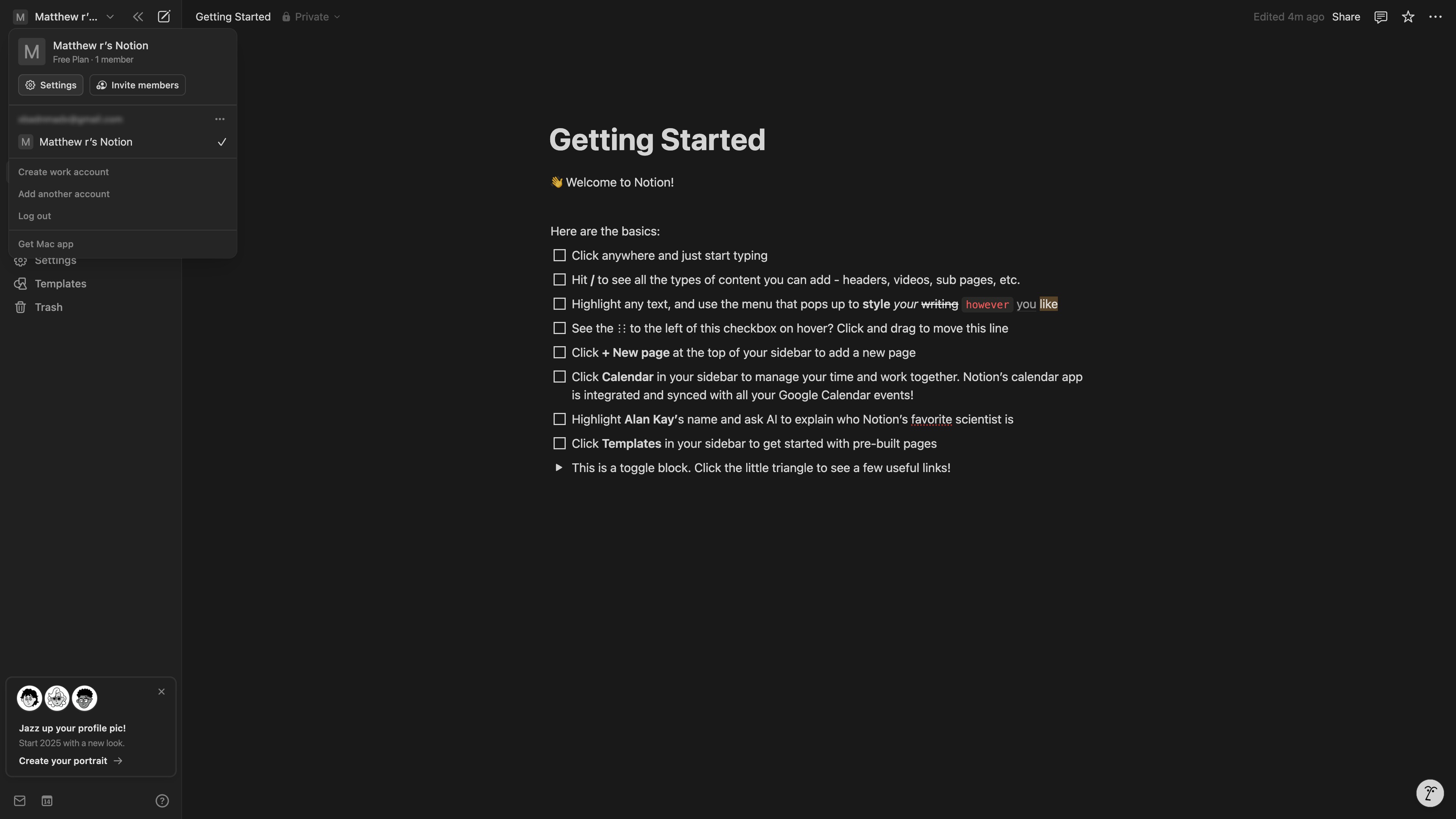 Notion Settings panel with My settings selected