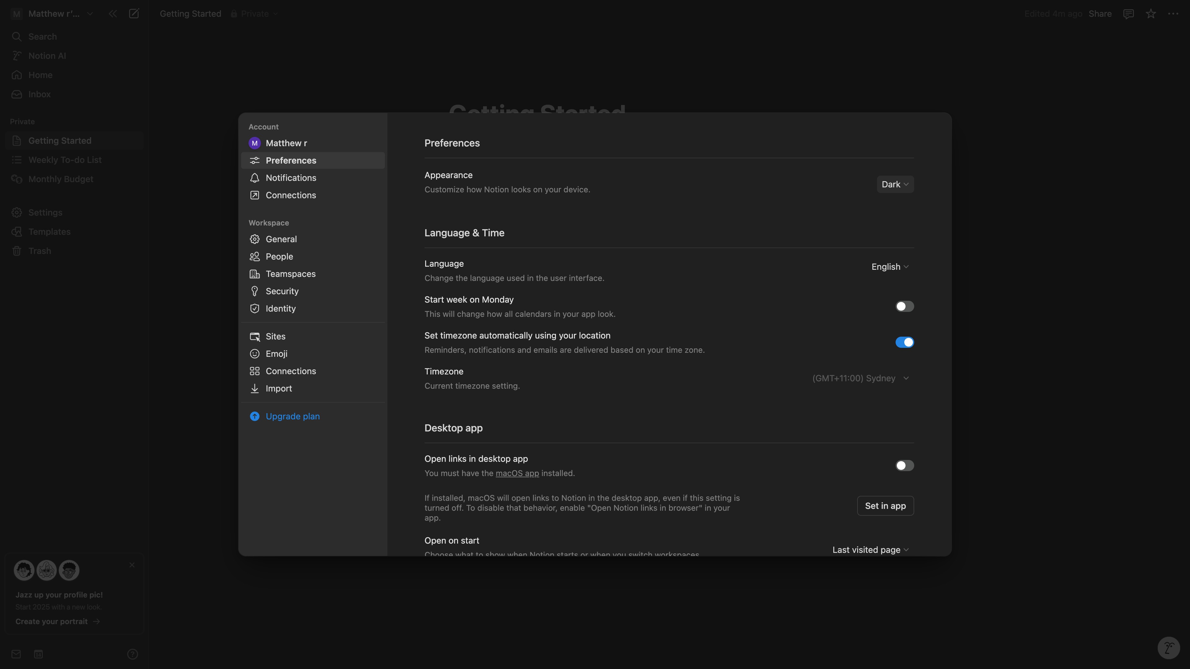 Notion My settings showing Appearance options with Light selected
