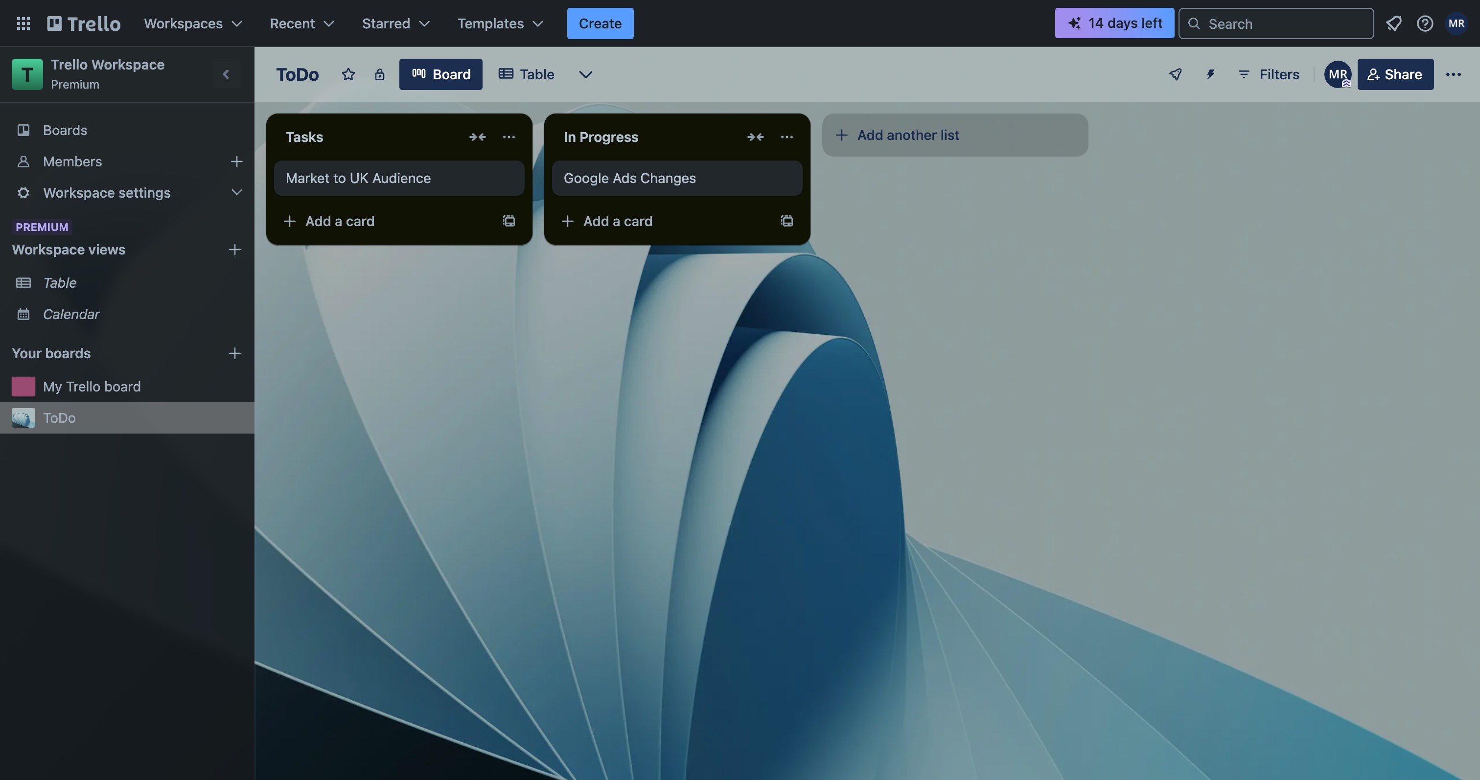 Trello board showing the Add a list button at the end