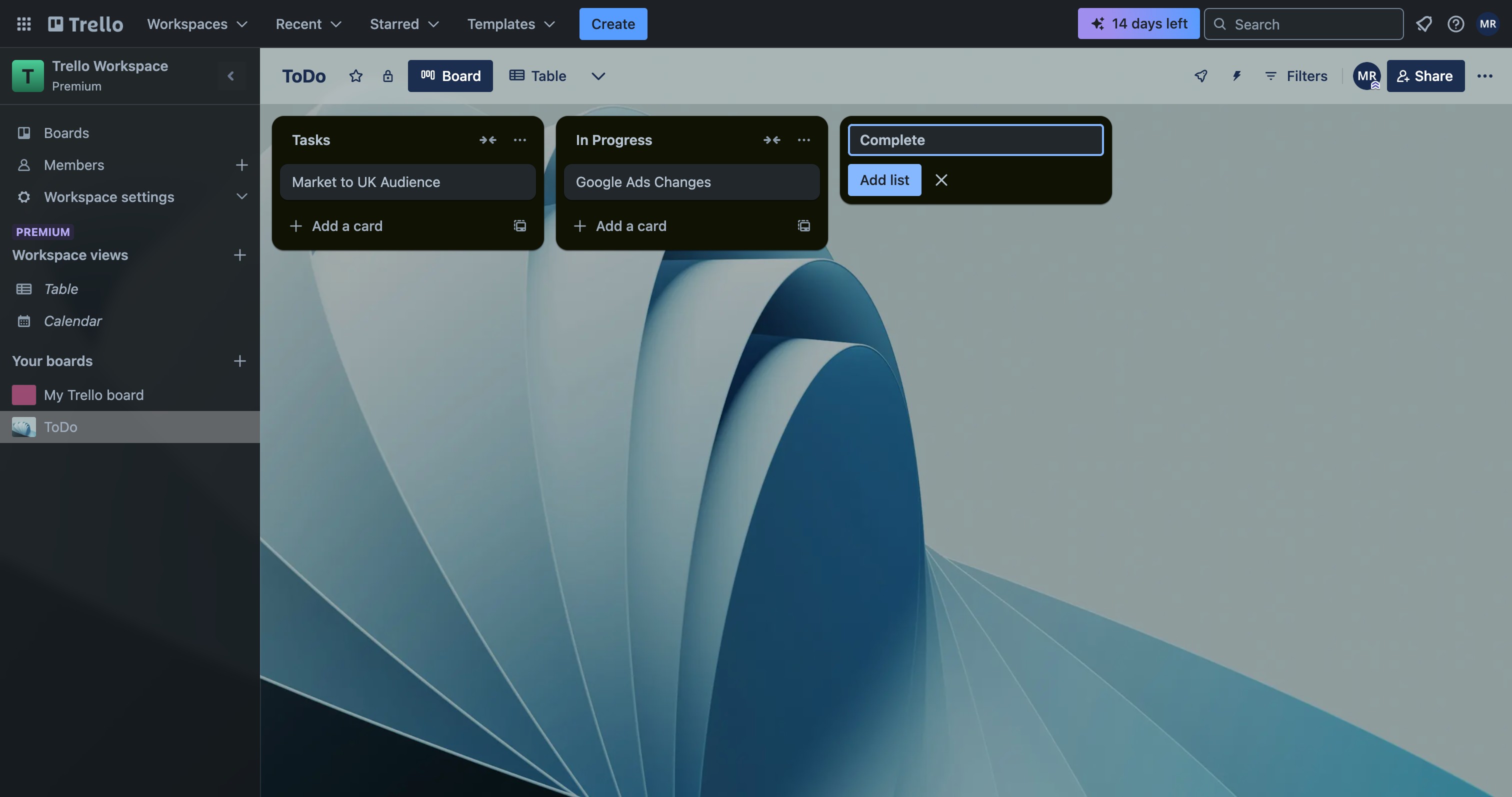 Trello Add list input with a list name typed