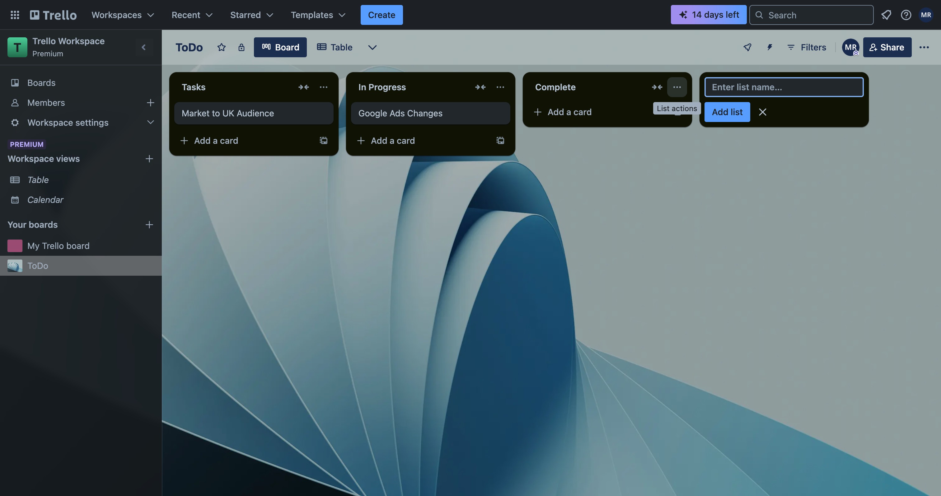 New Trello list added to the board