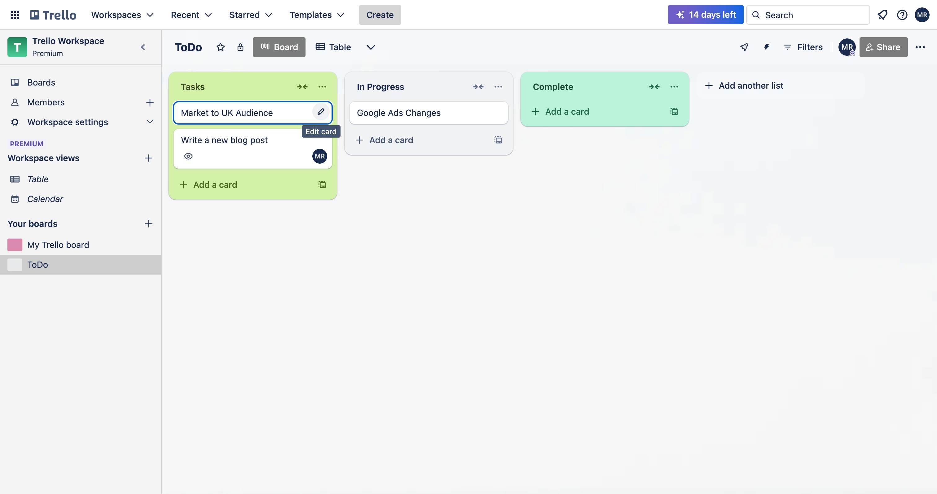 Trello board menu with Custom Fields option