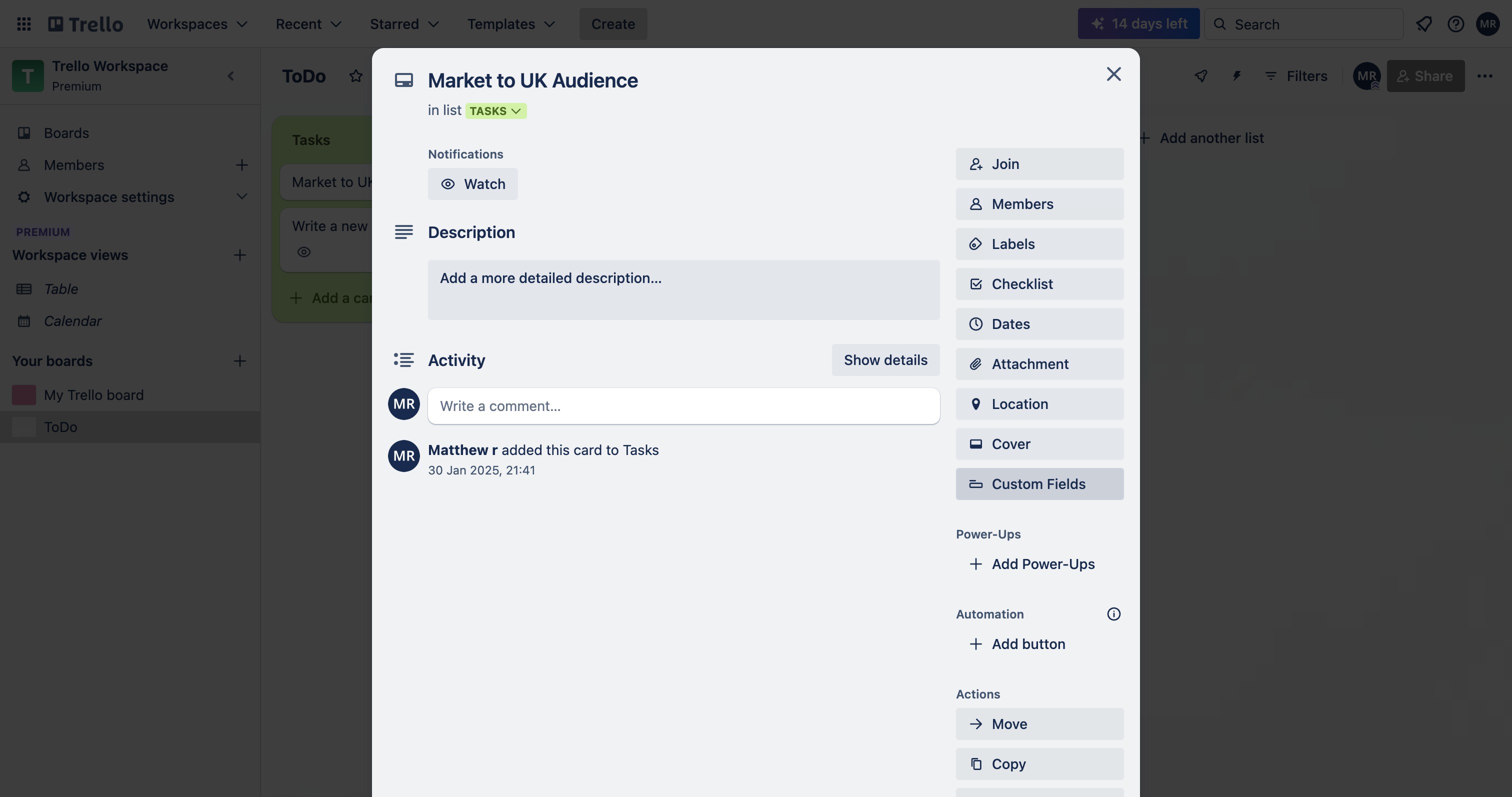 Trello new custom field configuration with name and type