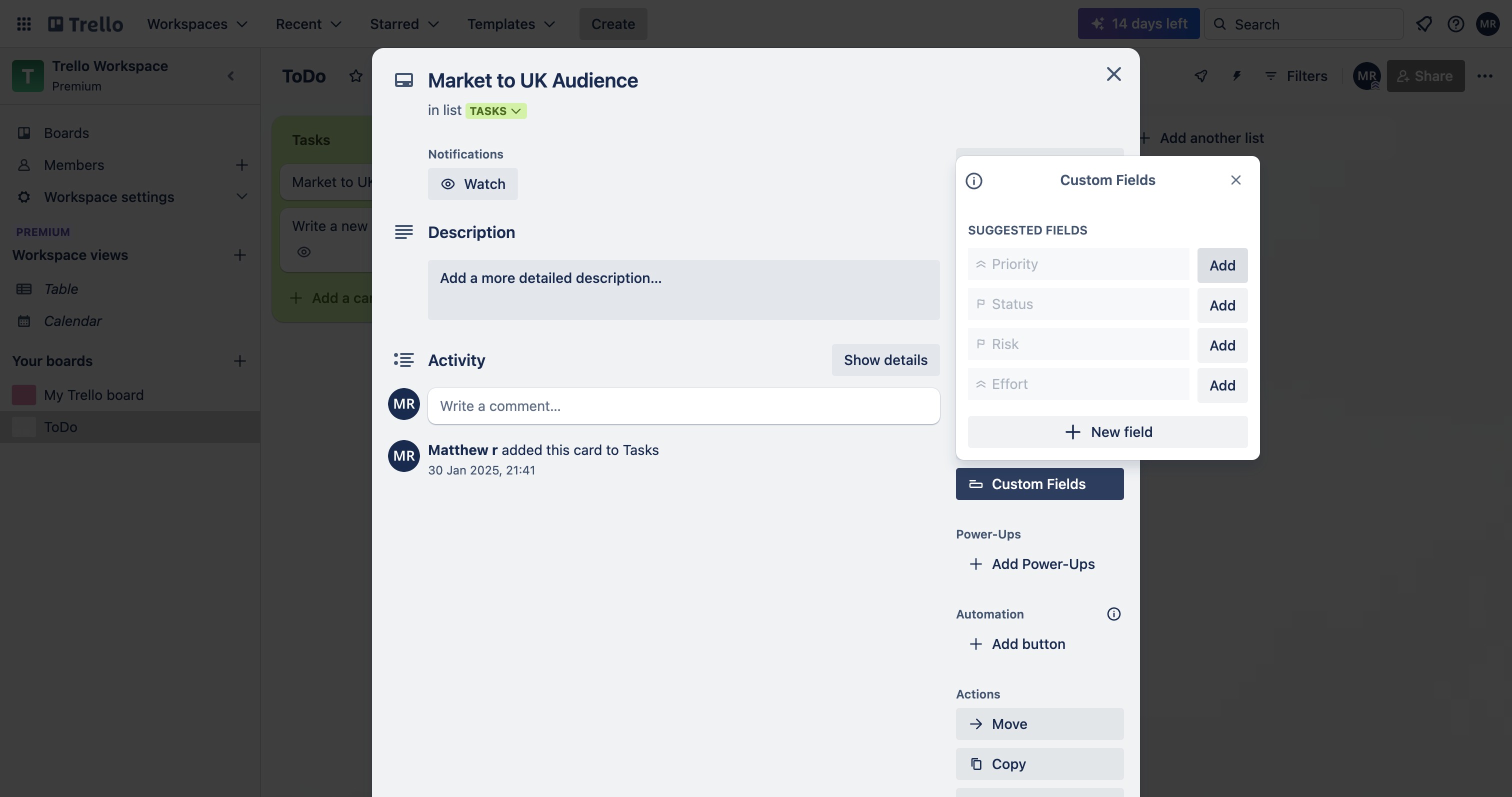 Trello card with custom Priority field showing in the sidebar