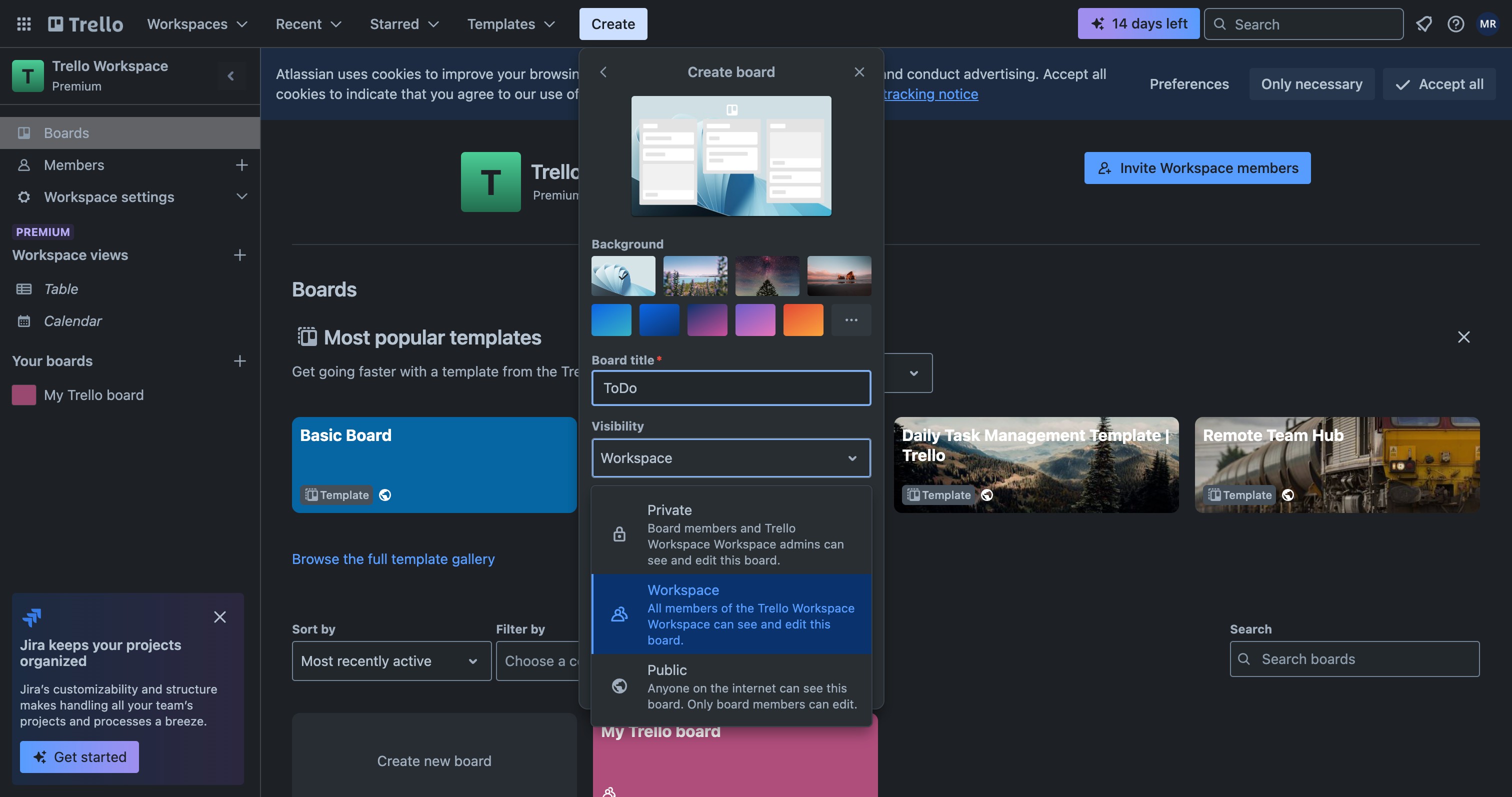 Trello Create board dialog with background color options