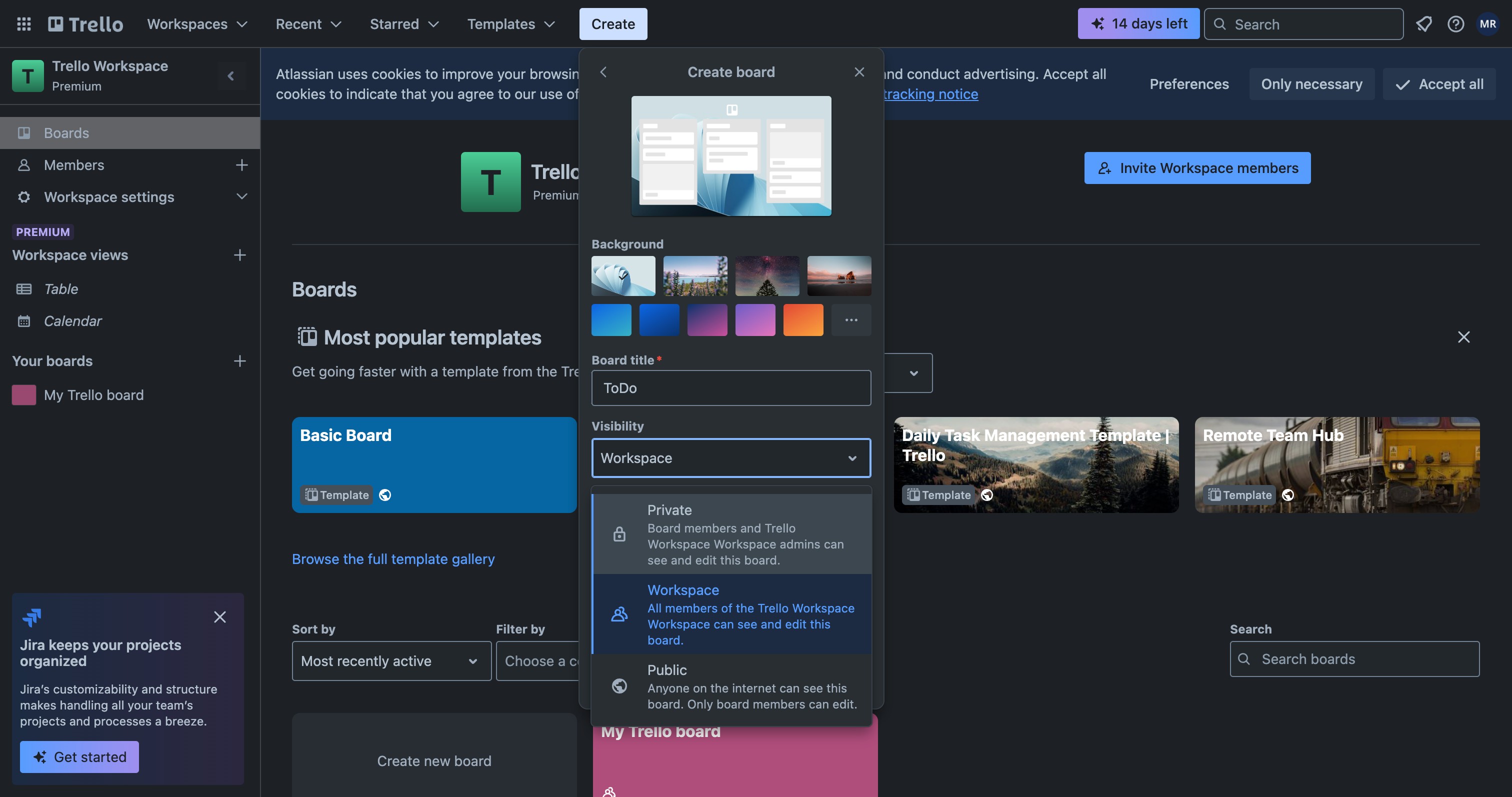 Trello Create board dialog with workspace dropdown