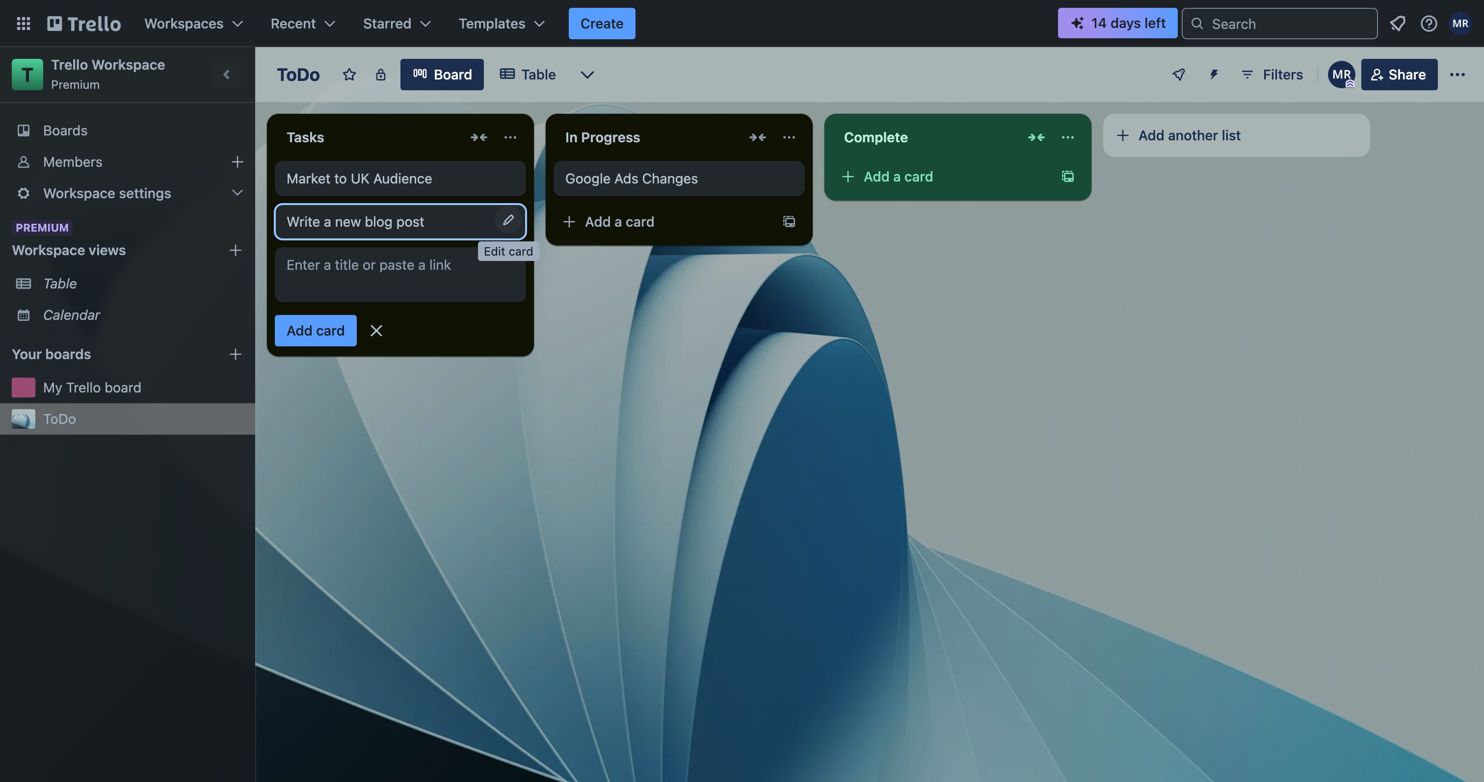 Trello card open in the detail view