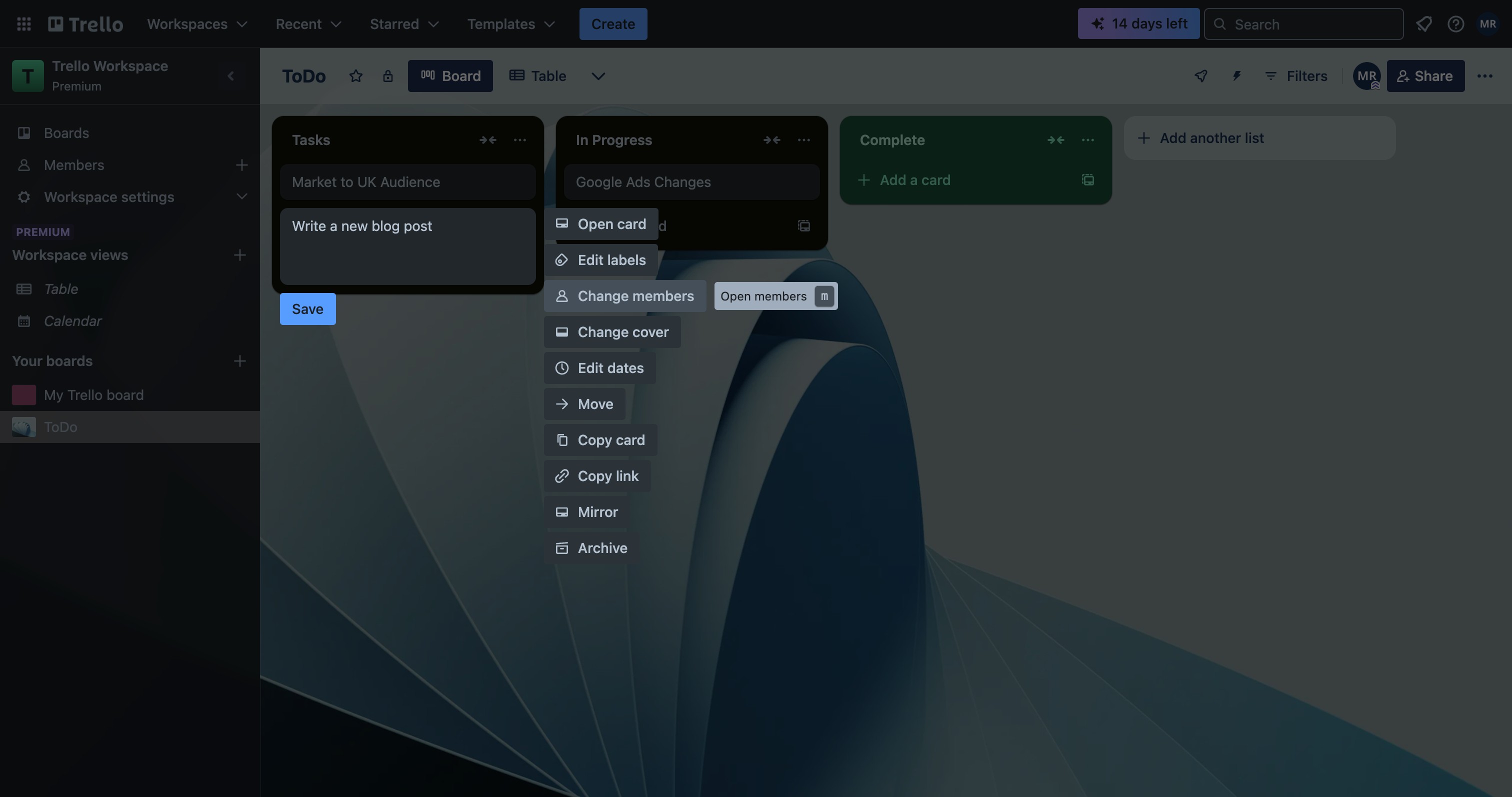 Trello card Members panel with a team member selected