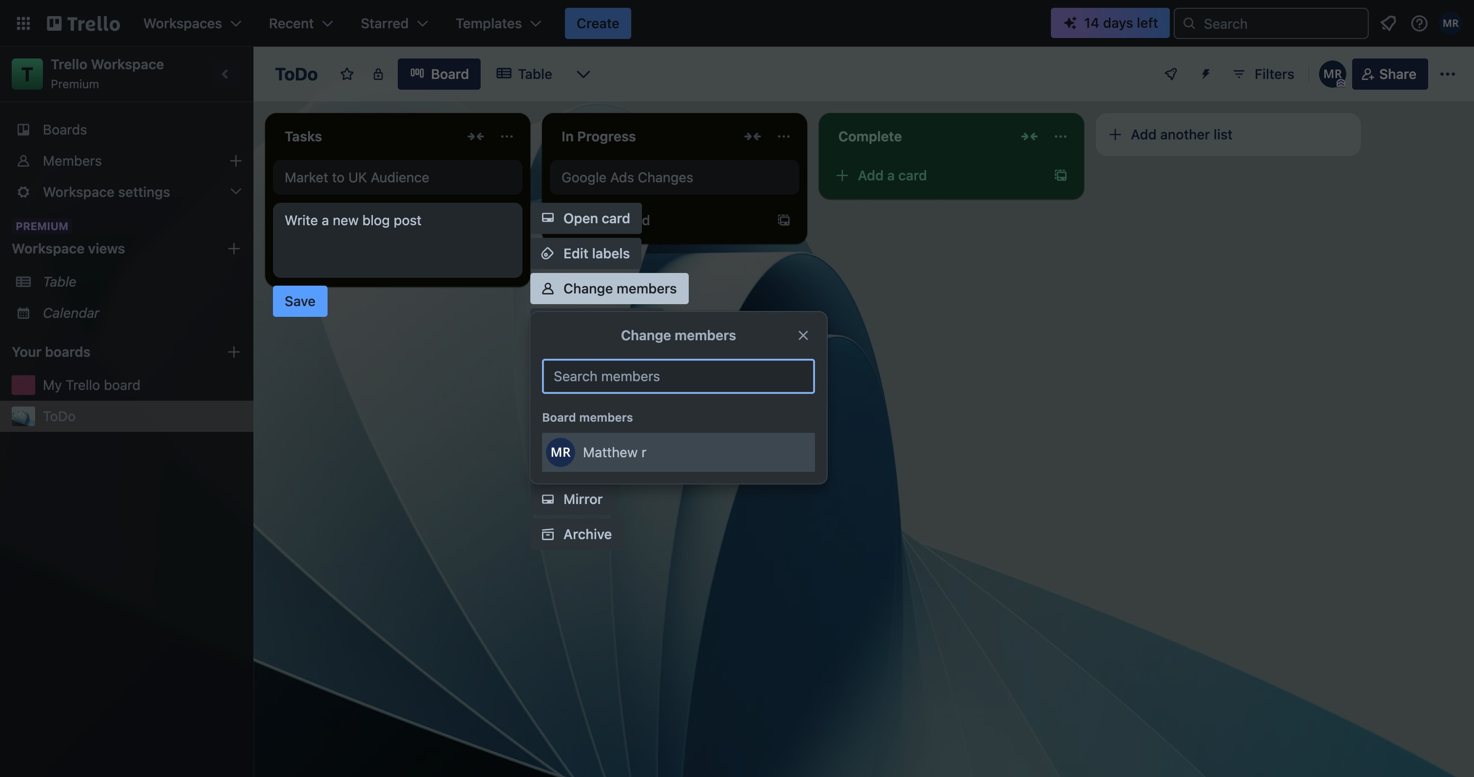 Trello card with a description written in the body