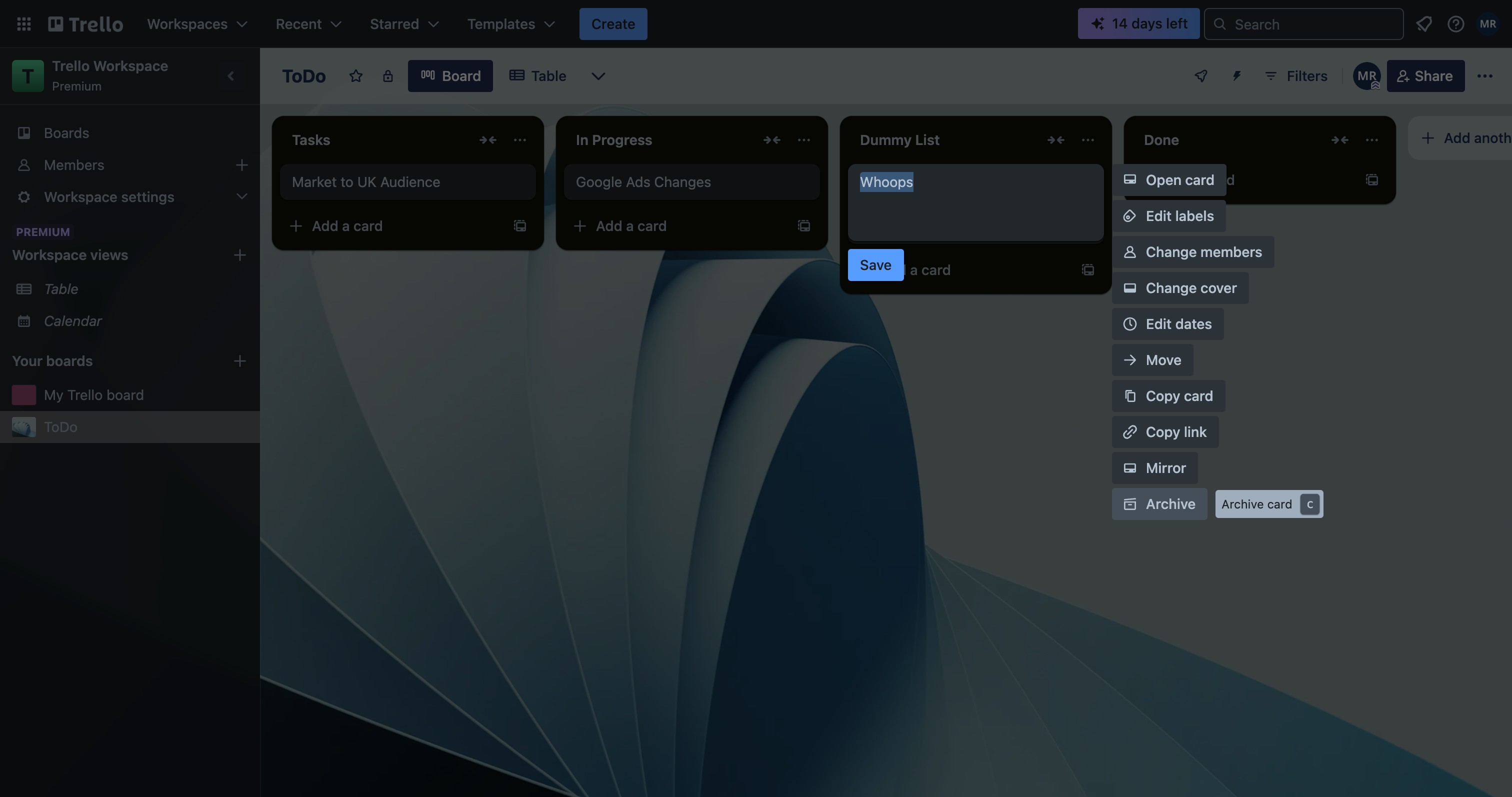 Trello card sidebar with Archive button highlighted