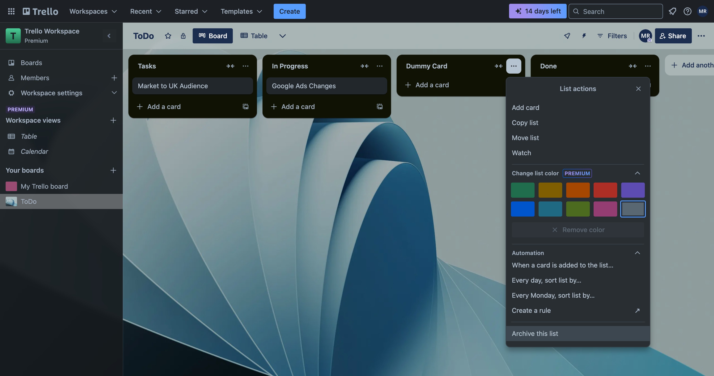 Trello list menu with Archive this list option