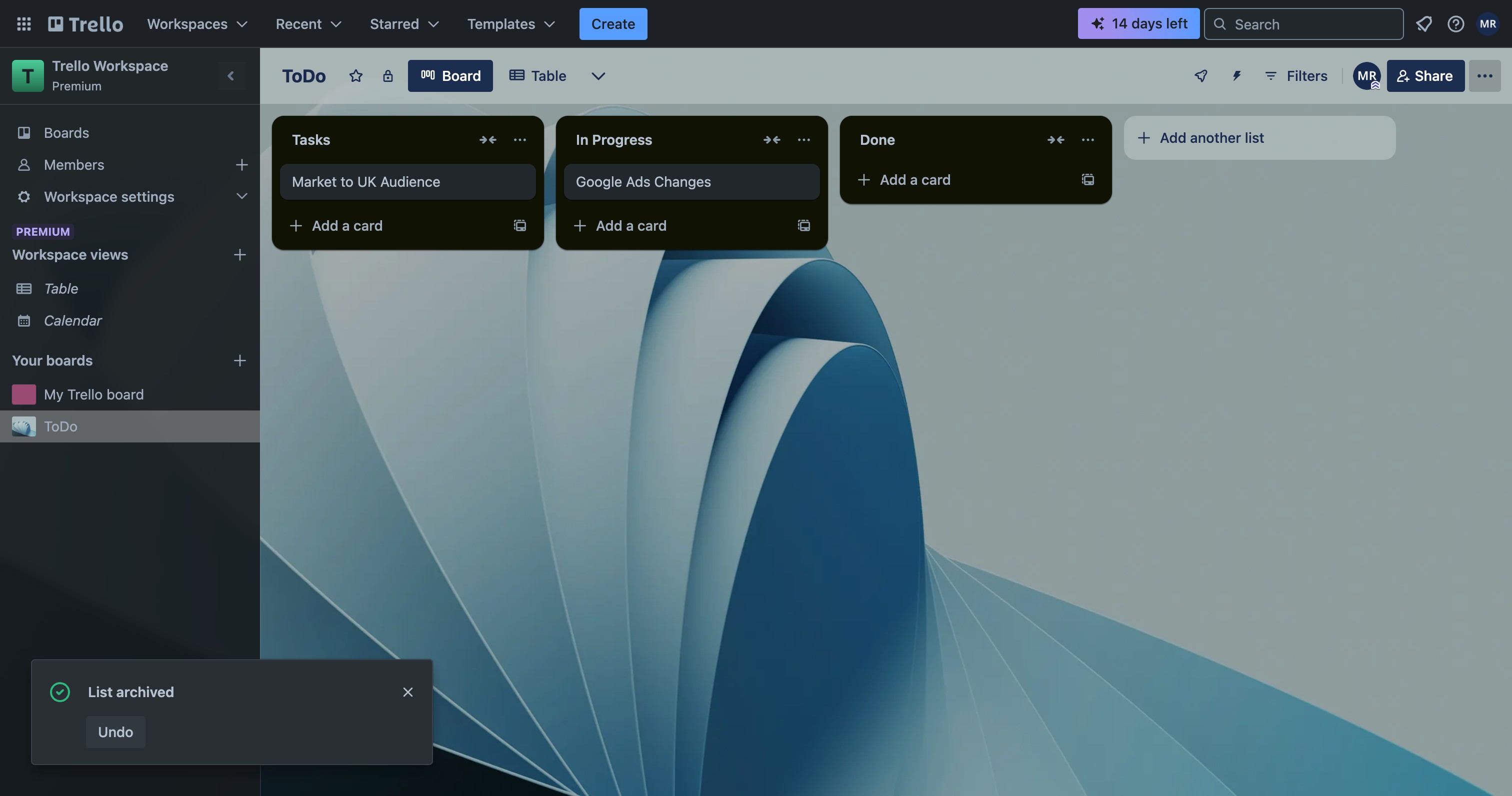 Trello board menu showing Archived items option