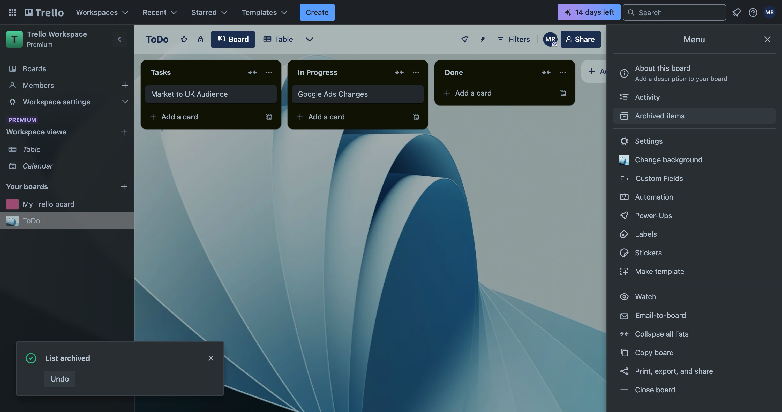 Trello Archived items panel with a list and Delete button