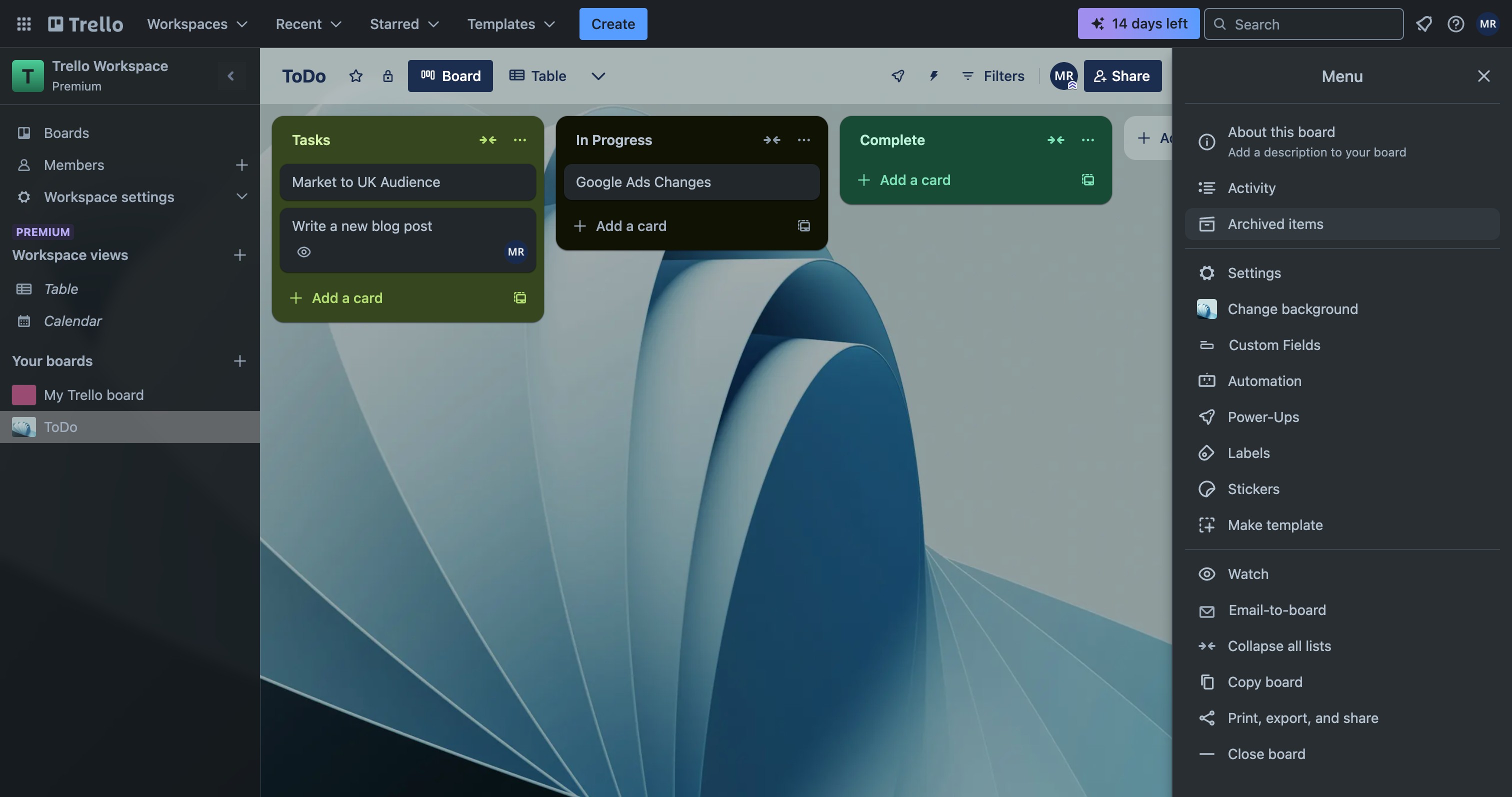 Trello board menu showing More option